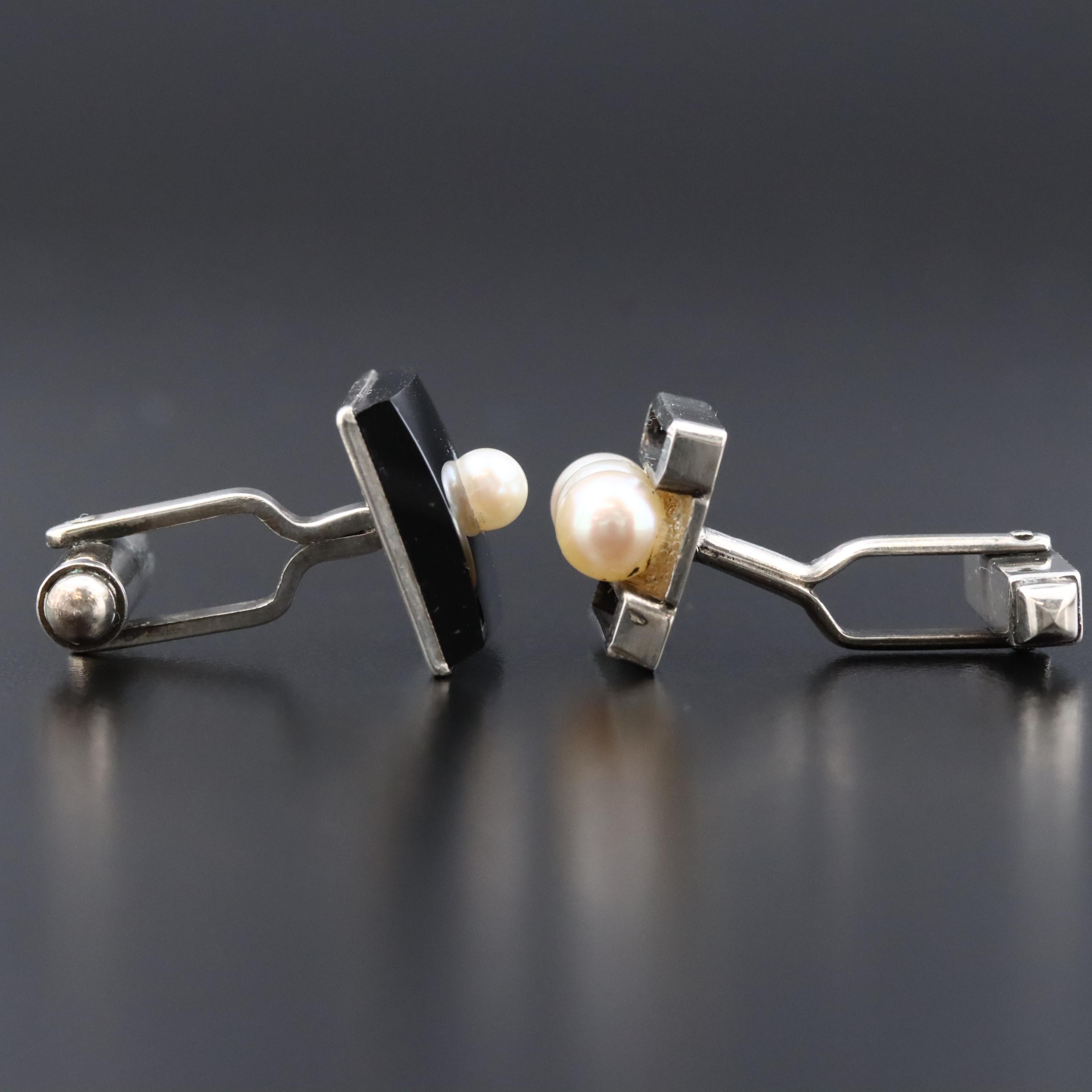 Vintage Modernist Sterling Pearl and Black Obsidian Cufflinks