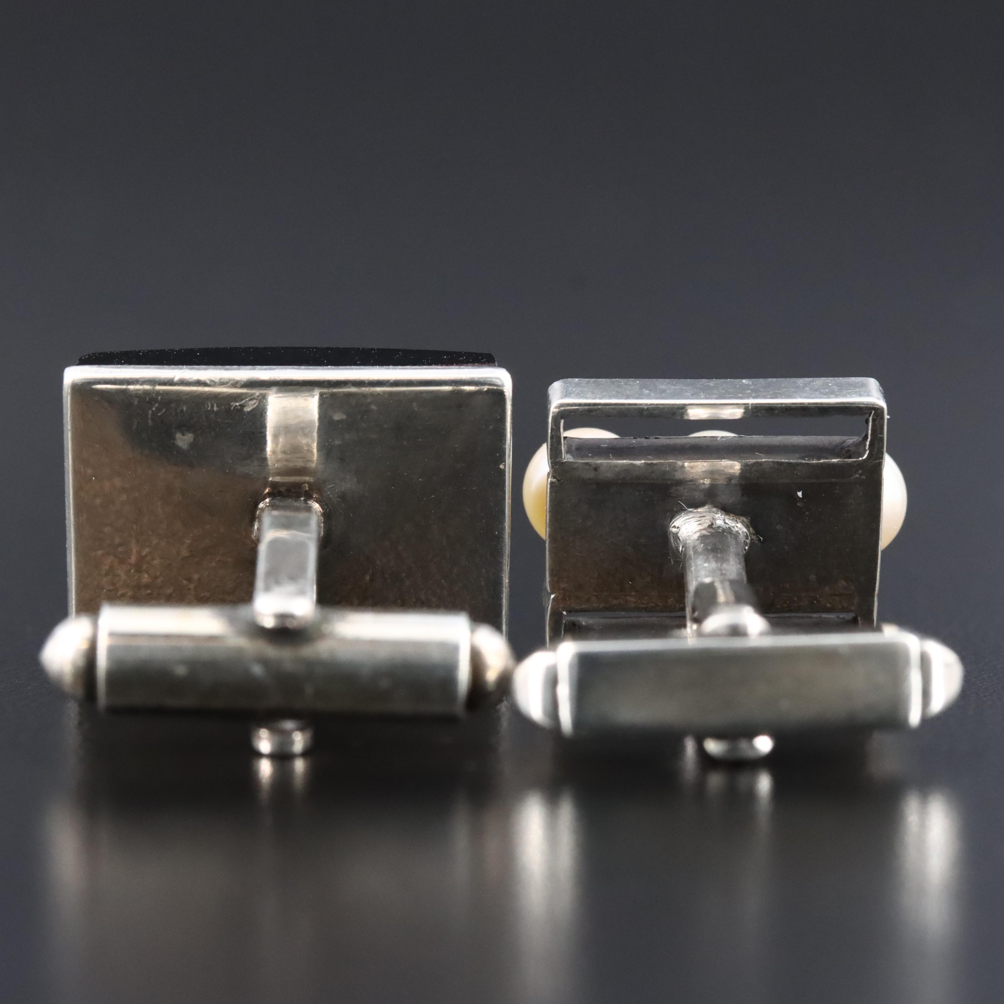 Vintage Modernist Sterling Pearl and Black Obsidian Cufflinks