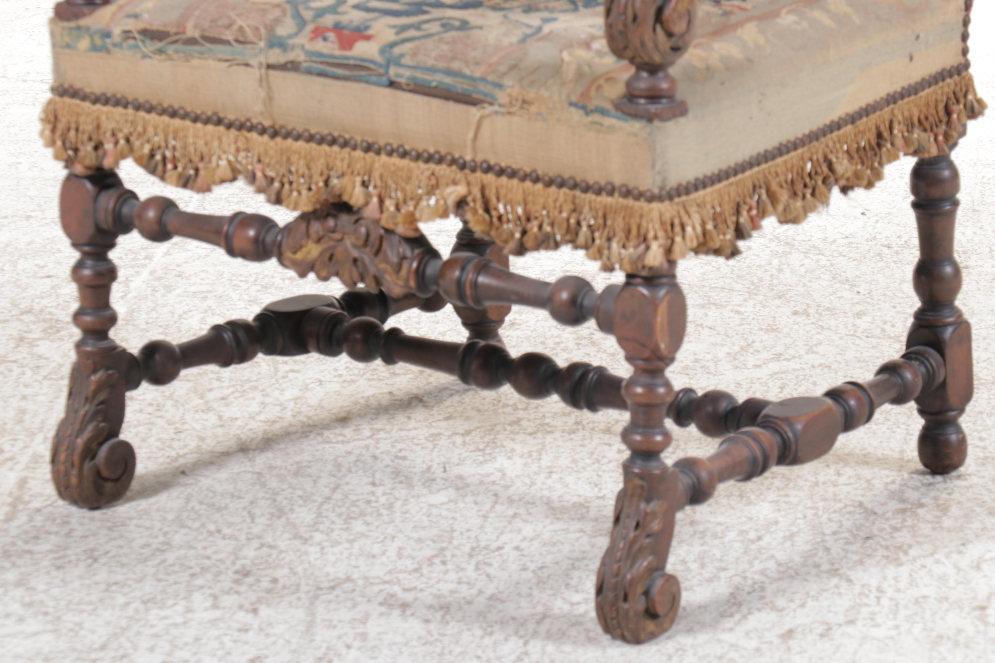 Jacobean Revival Carved Wood Armchair with Tapestry Style Woven Upholstery