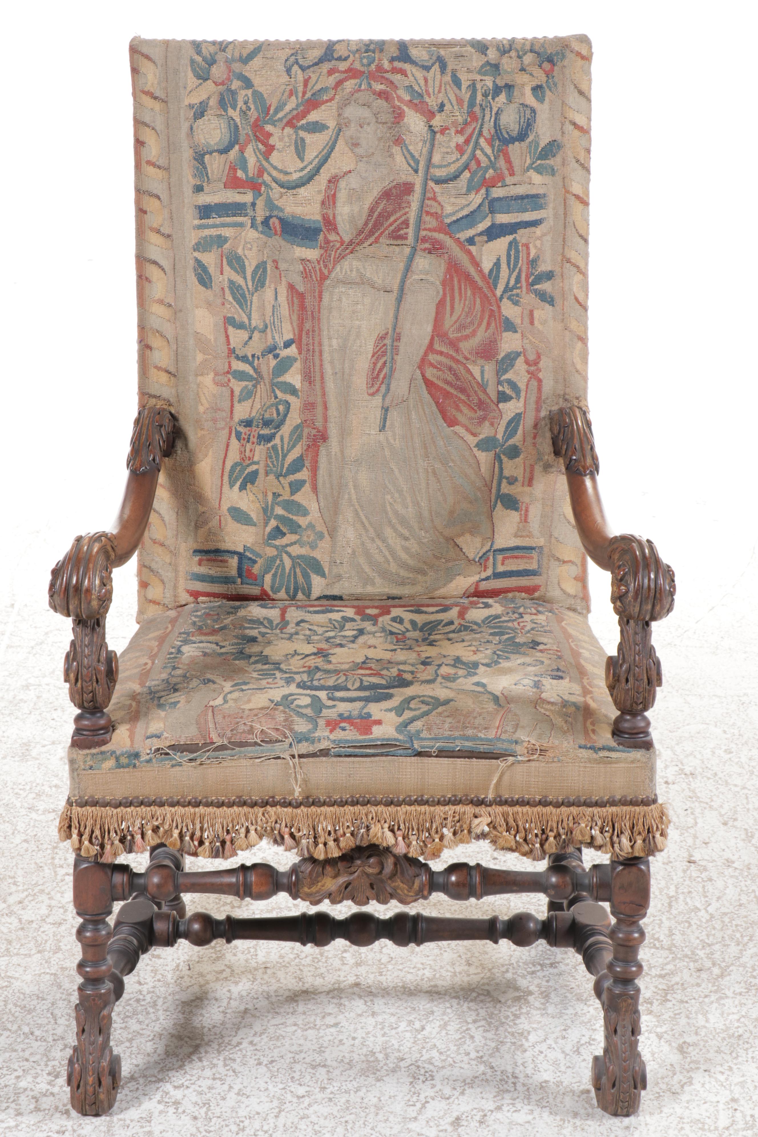 Jacobean Revival Carved Wood Armchair with Tapestry Style Woven Upholstery