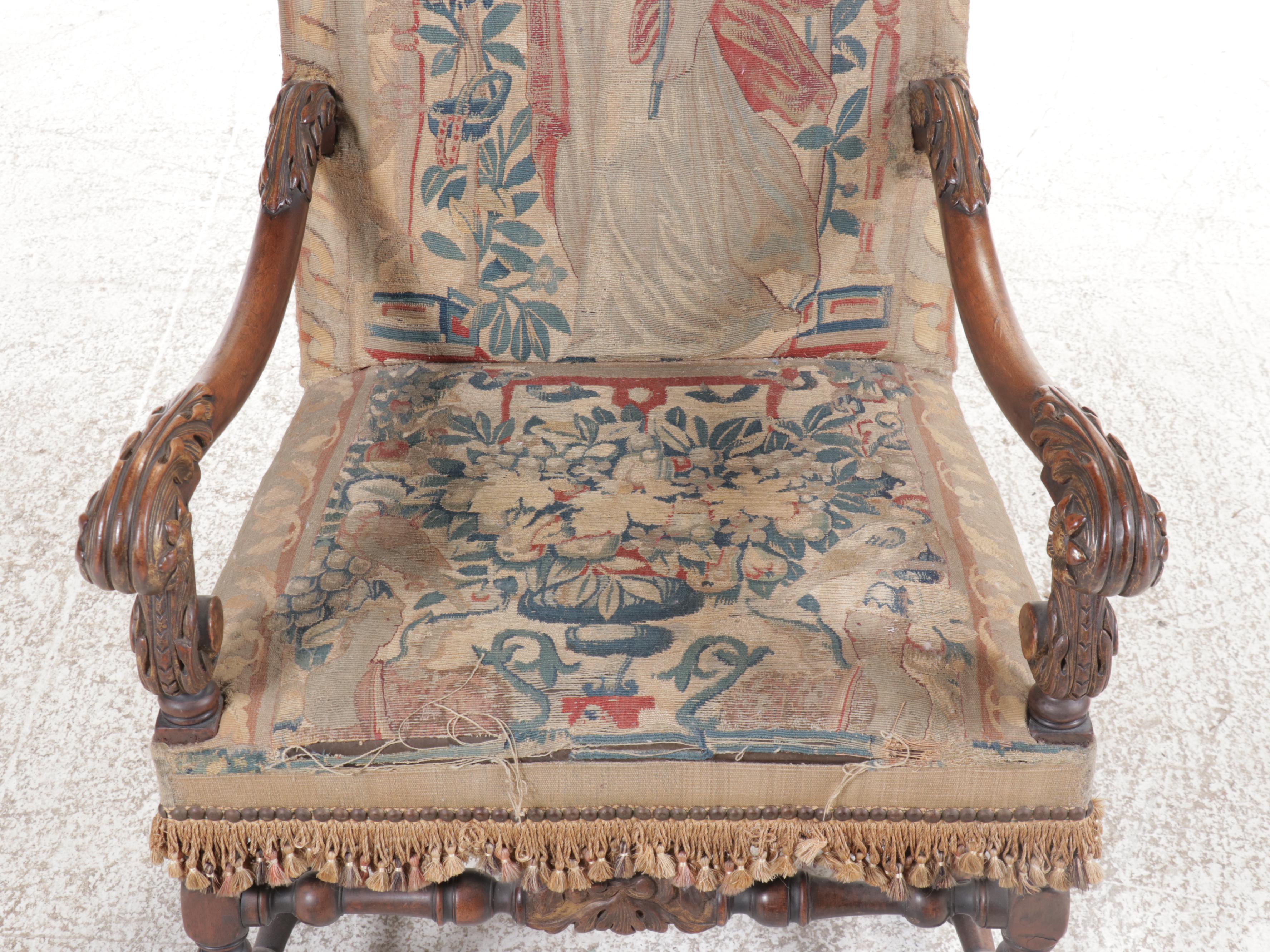 Jacobean Revival Carved Wood Armchair with Tapestry Style Woven Upholstery