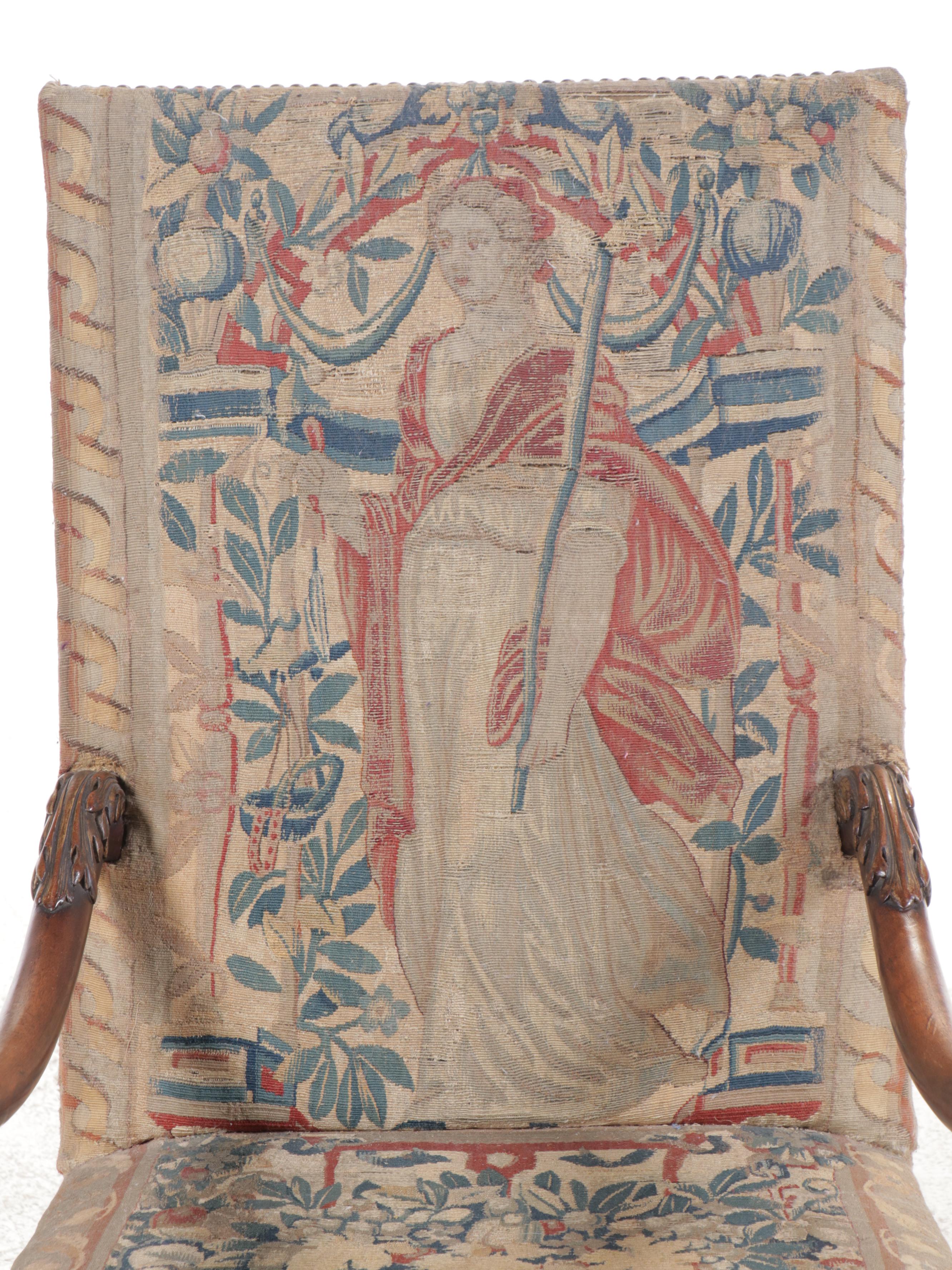 Jacobean Revival Carved Wood Armchair with Tapestry Style Woven Upholstery