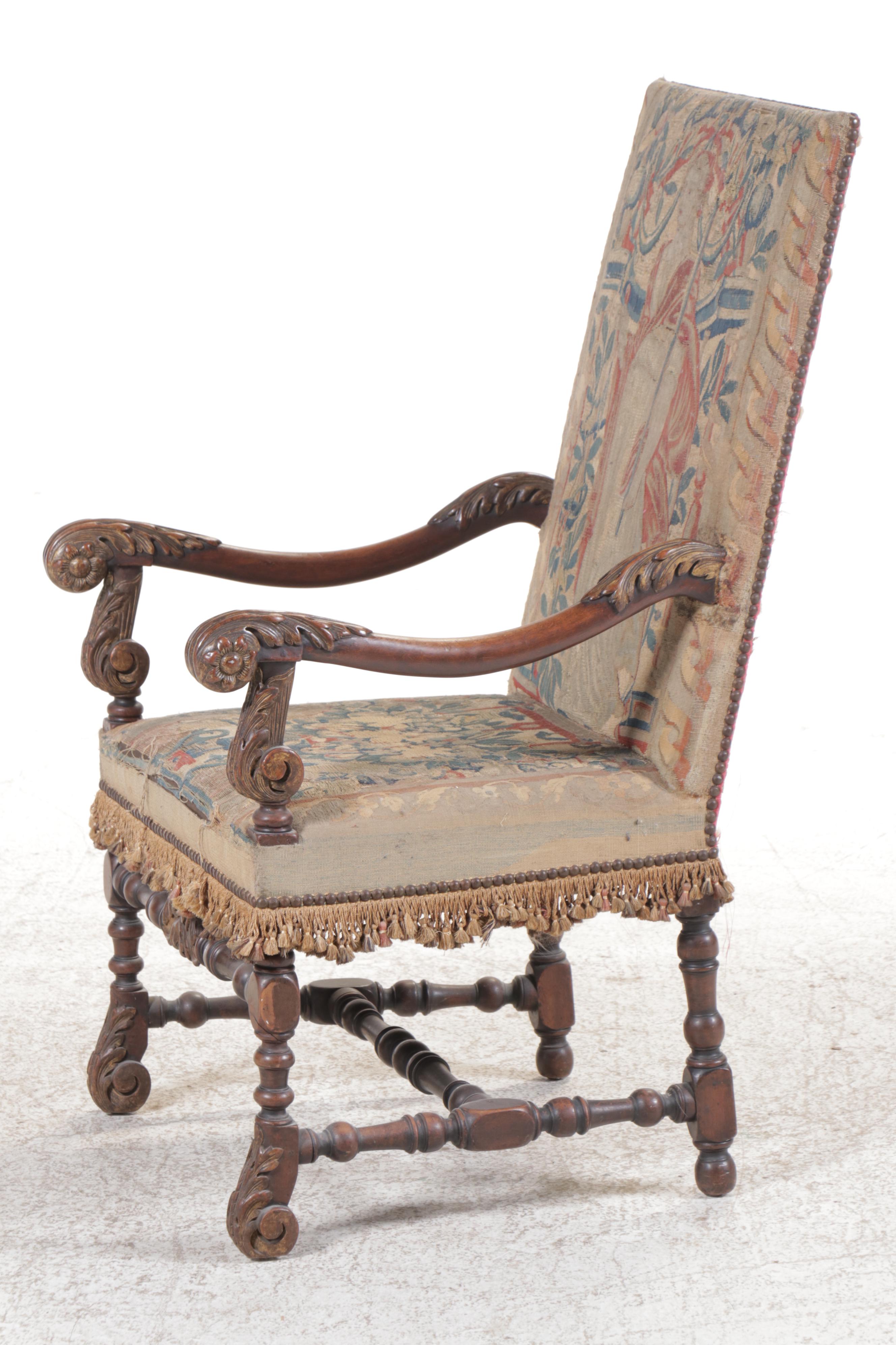 Jacobean Revival Carved Wood Armchair with Tapestry Style Woven Upholstery