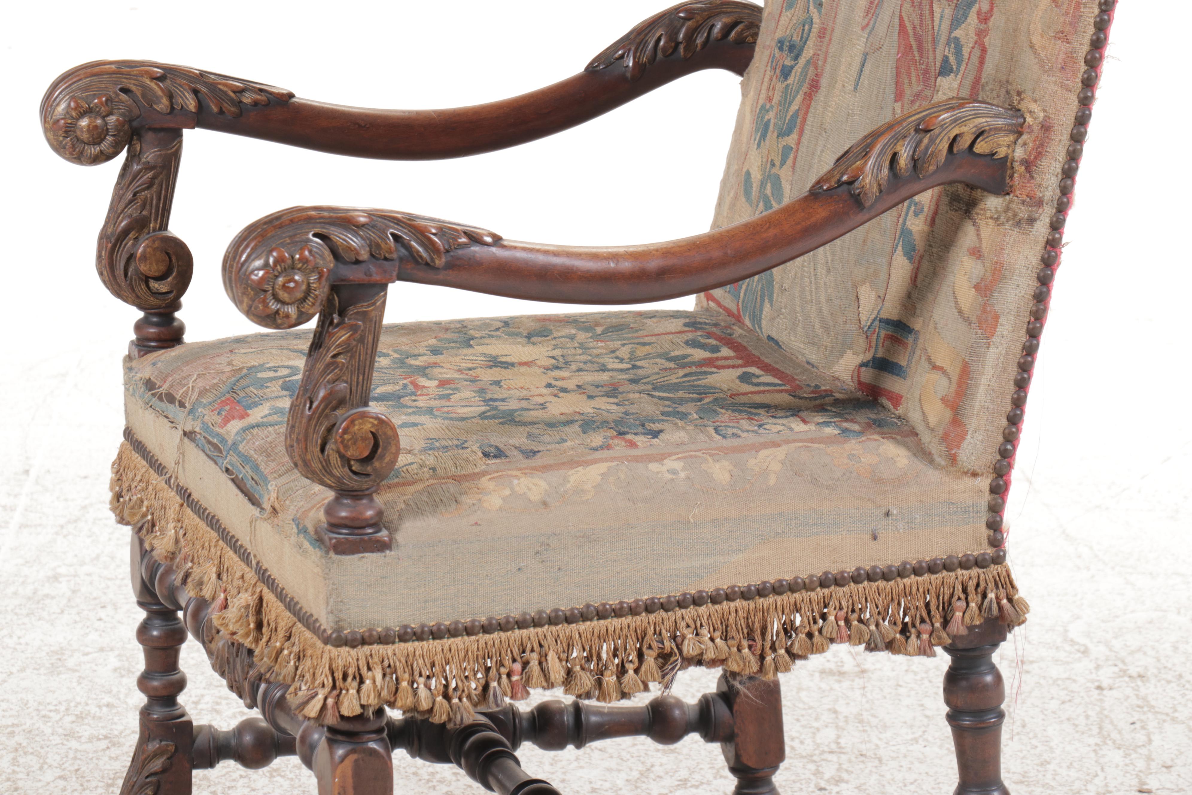 Jacobean Revival Carved Wood Armchair with Tapestry Style Woven Upholstery