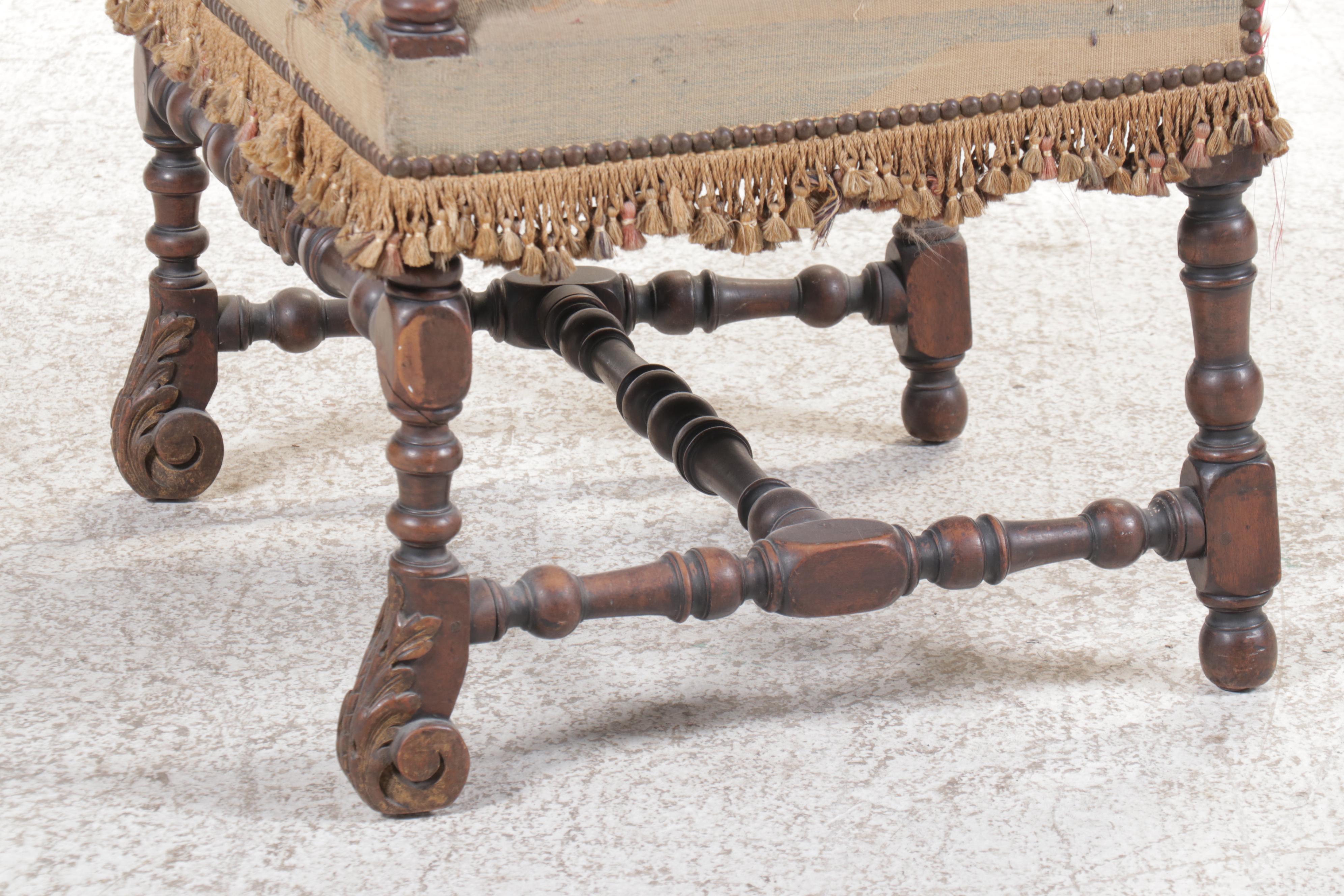 Jacobean Revival Carved Wood Armchair with Tapestry Style Woven Upholstery