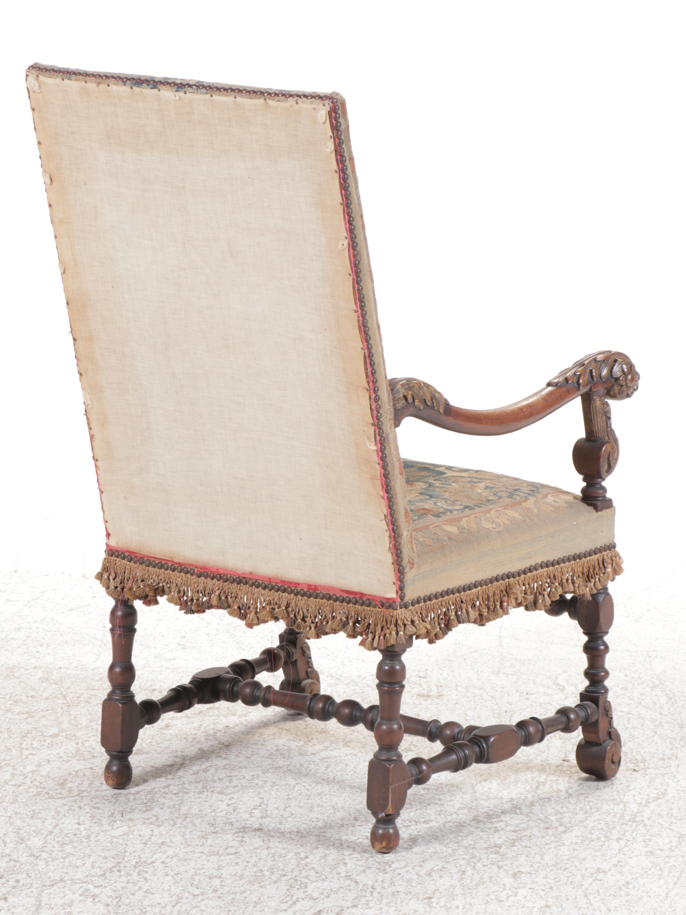 Jacobean Revival Carved Wood Armchair with Tapestry Style Woven Upholstery