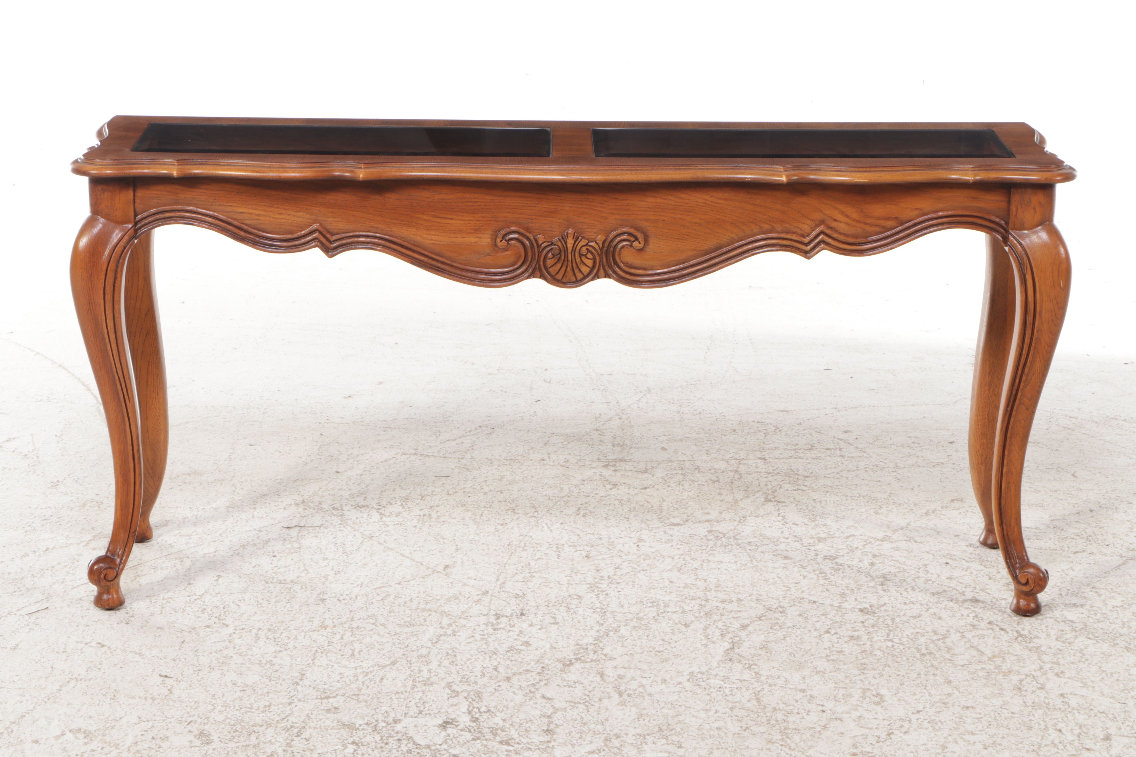 Thomasville "Country French" Smoked Glass and Oak Console Table