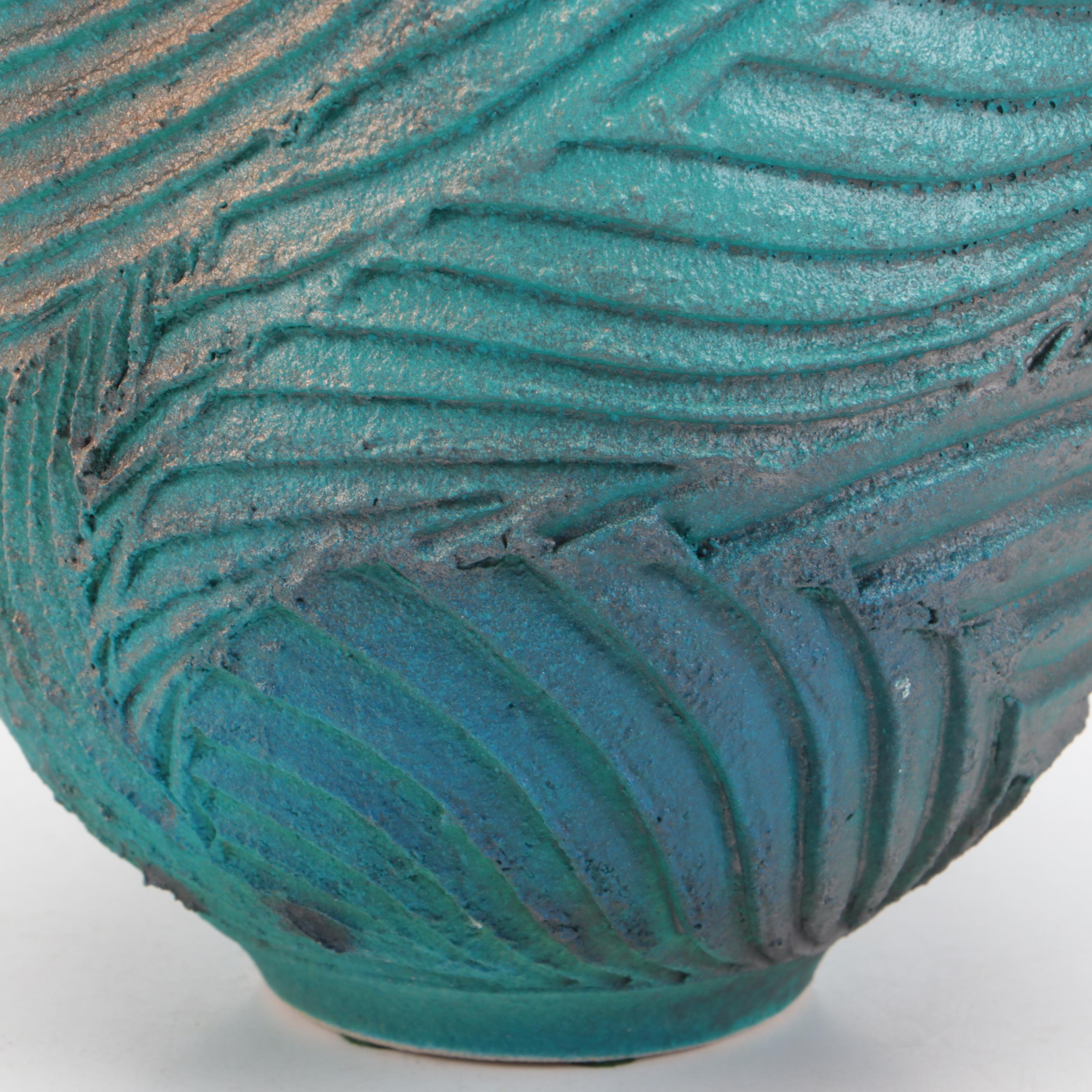 Signed Studio Pottery Textured Aqua and Teal Vase