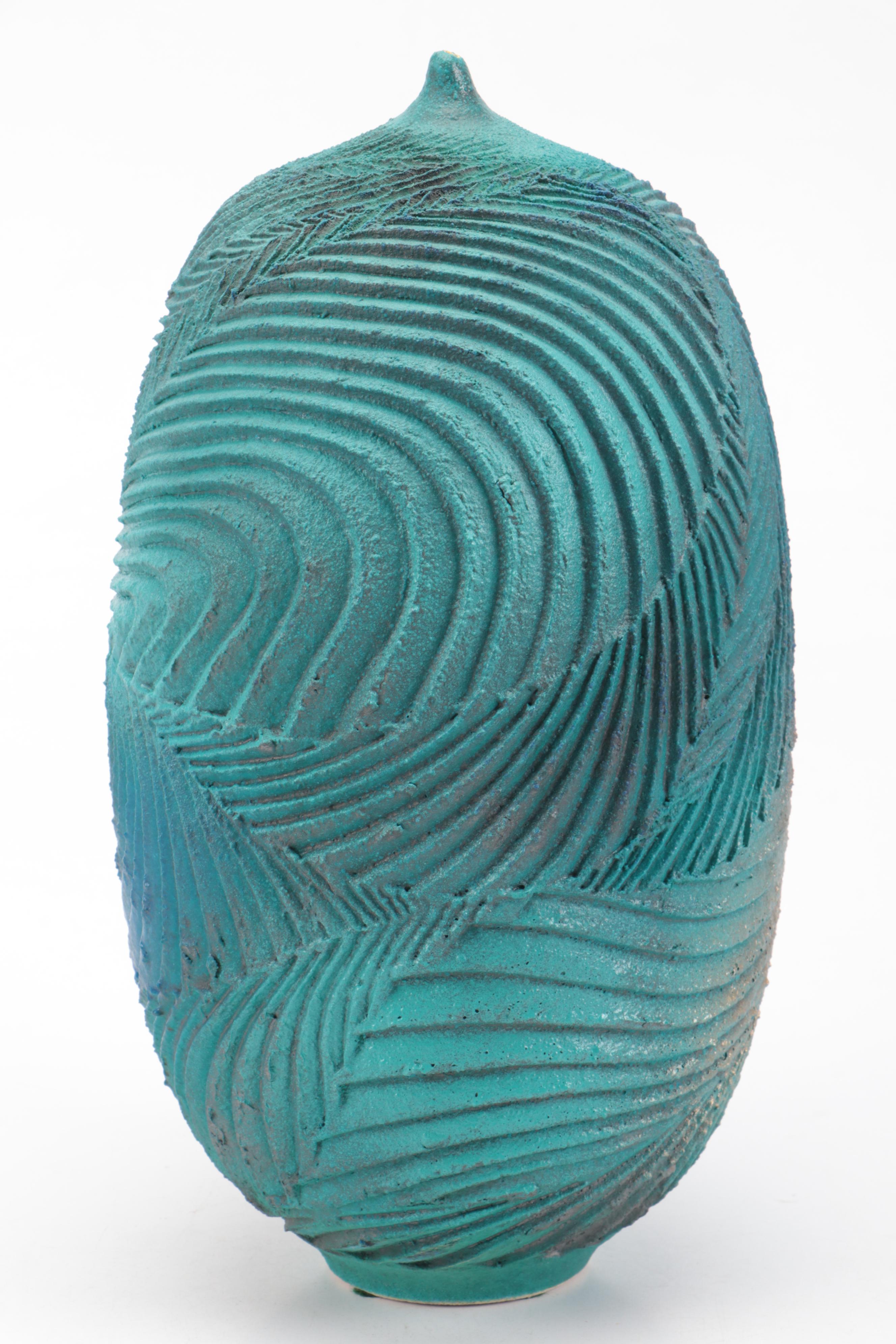 Signed Studio Pottery Textured Aqua and Teal Vase