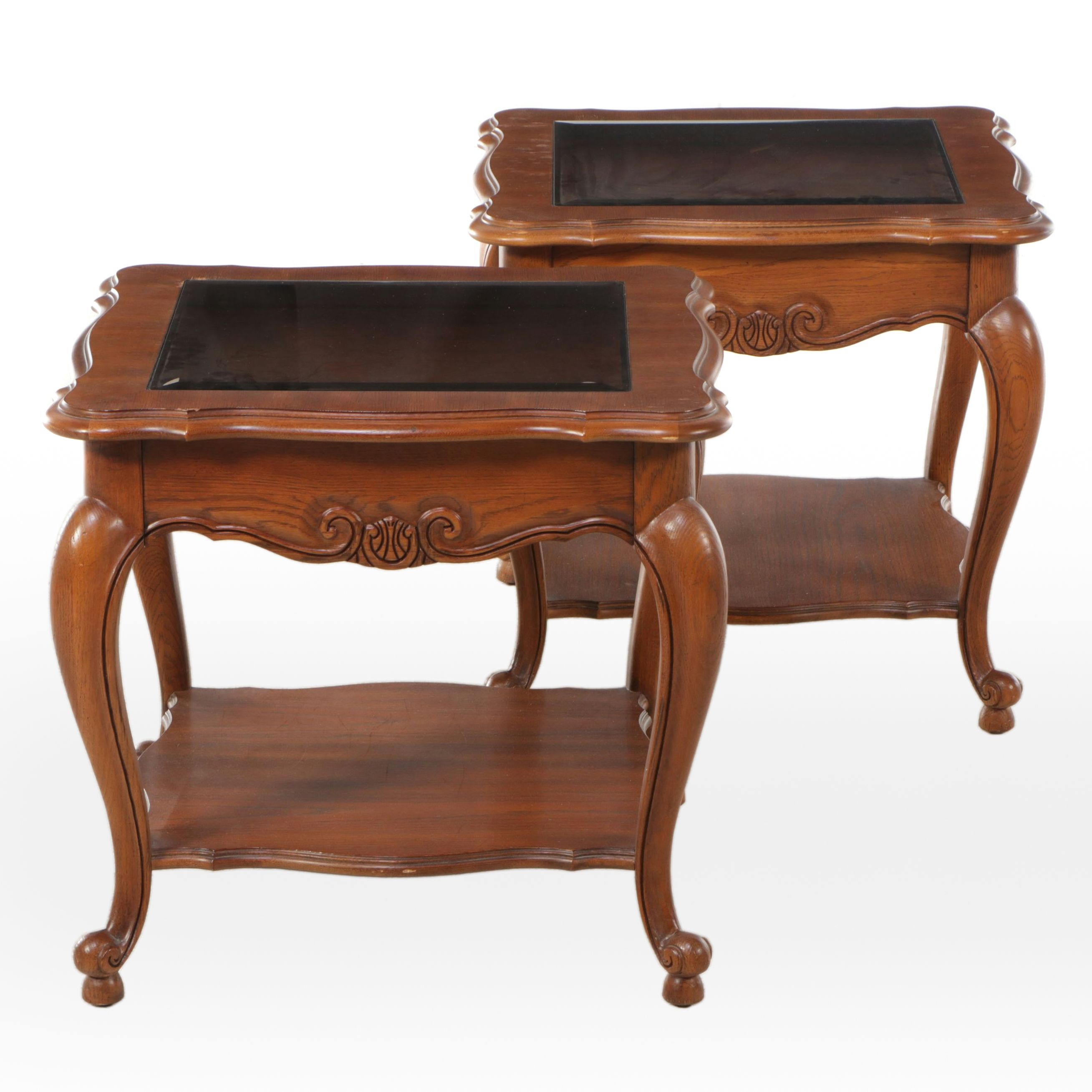 Pair of Oak End Tables with Smoke Glass Tops