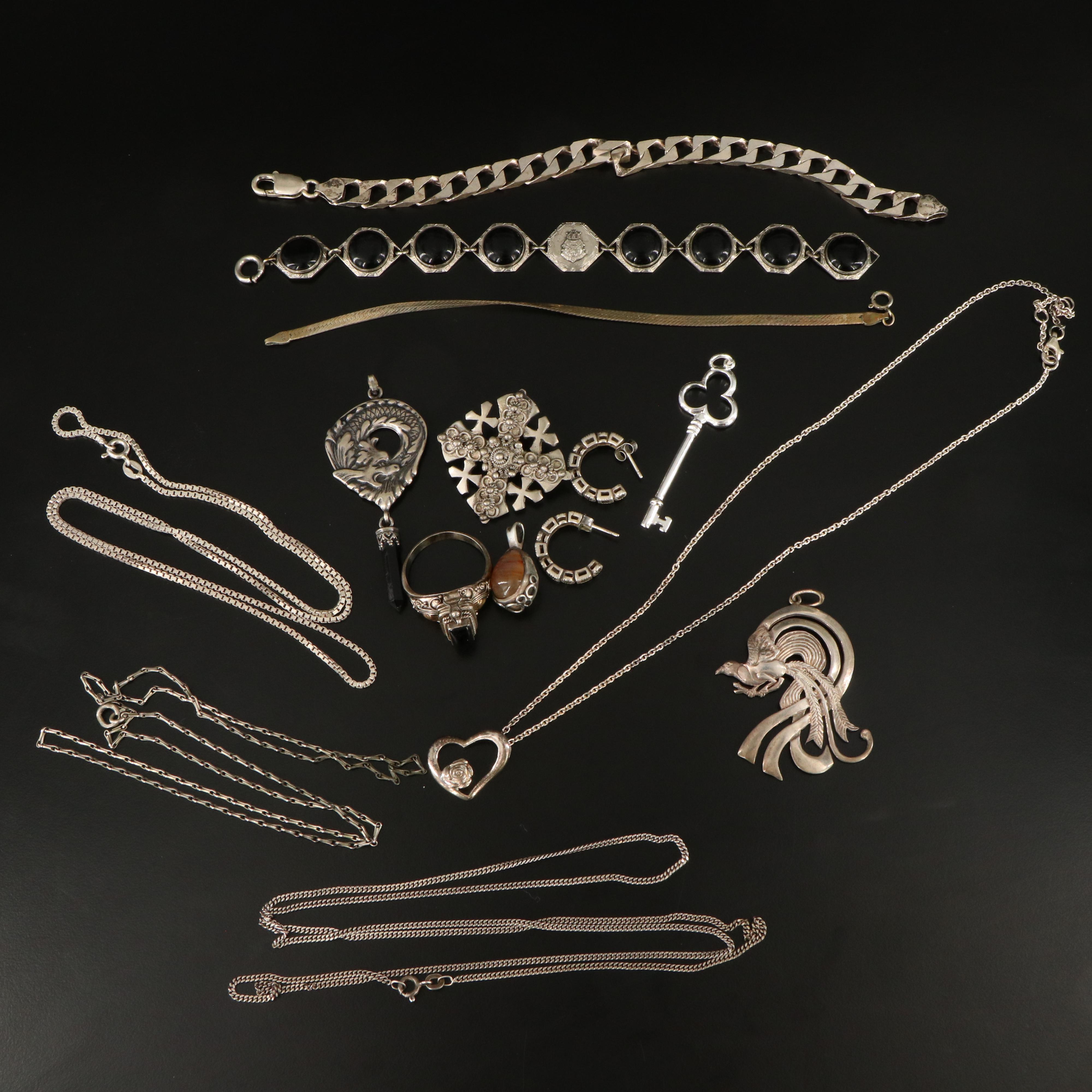 Sterling Jewelry Collection Including Agate, Black Onyx and Black Obsidian