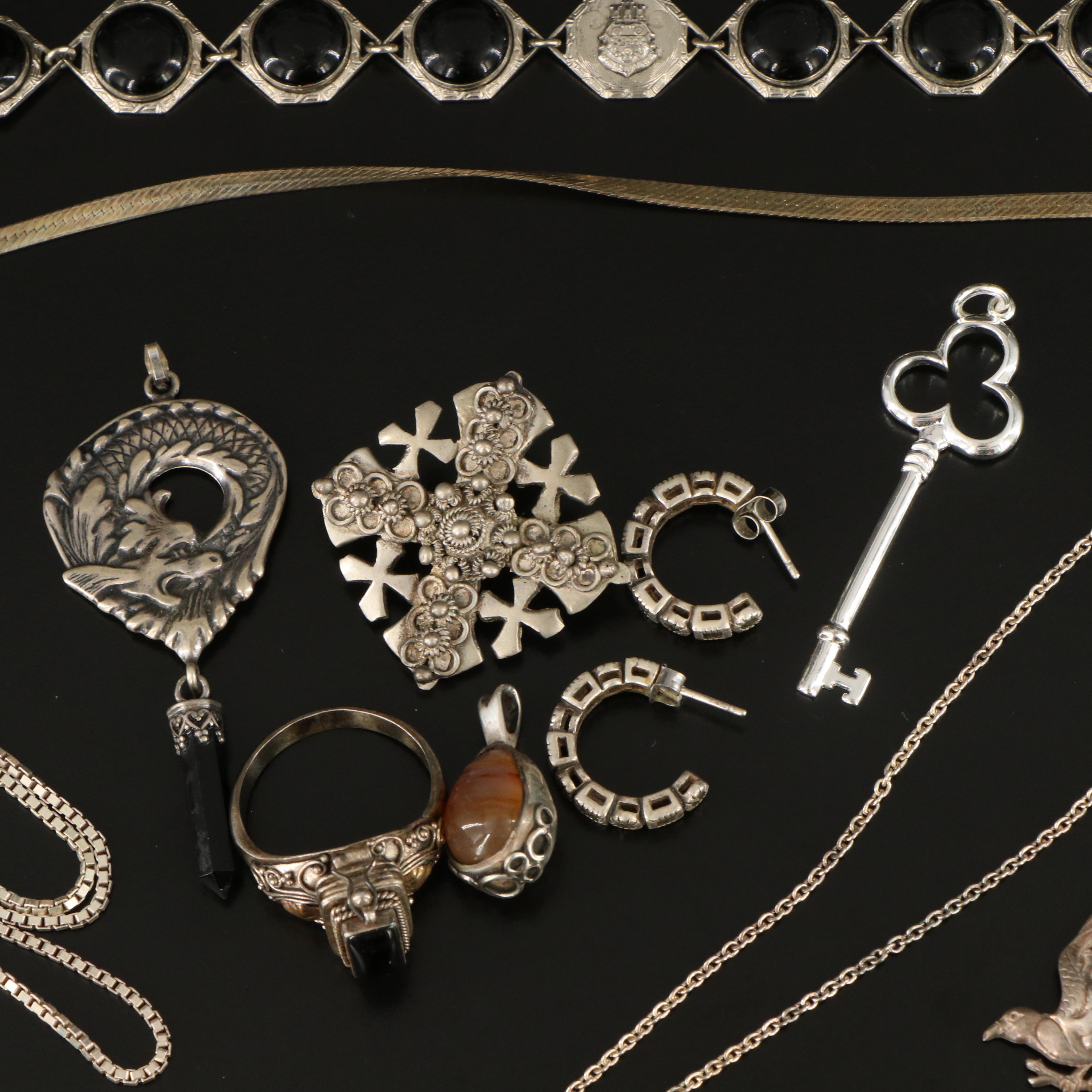 Sterling Jewelry Collection Including Agate, Black Onyx and Black Obsidian