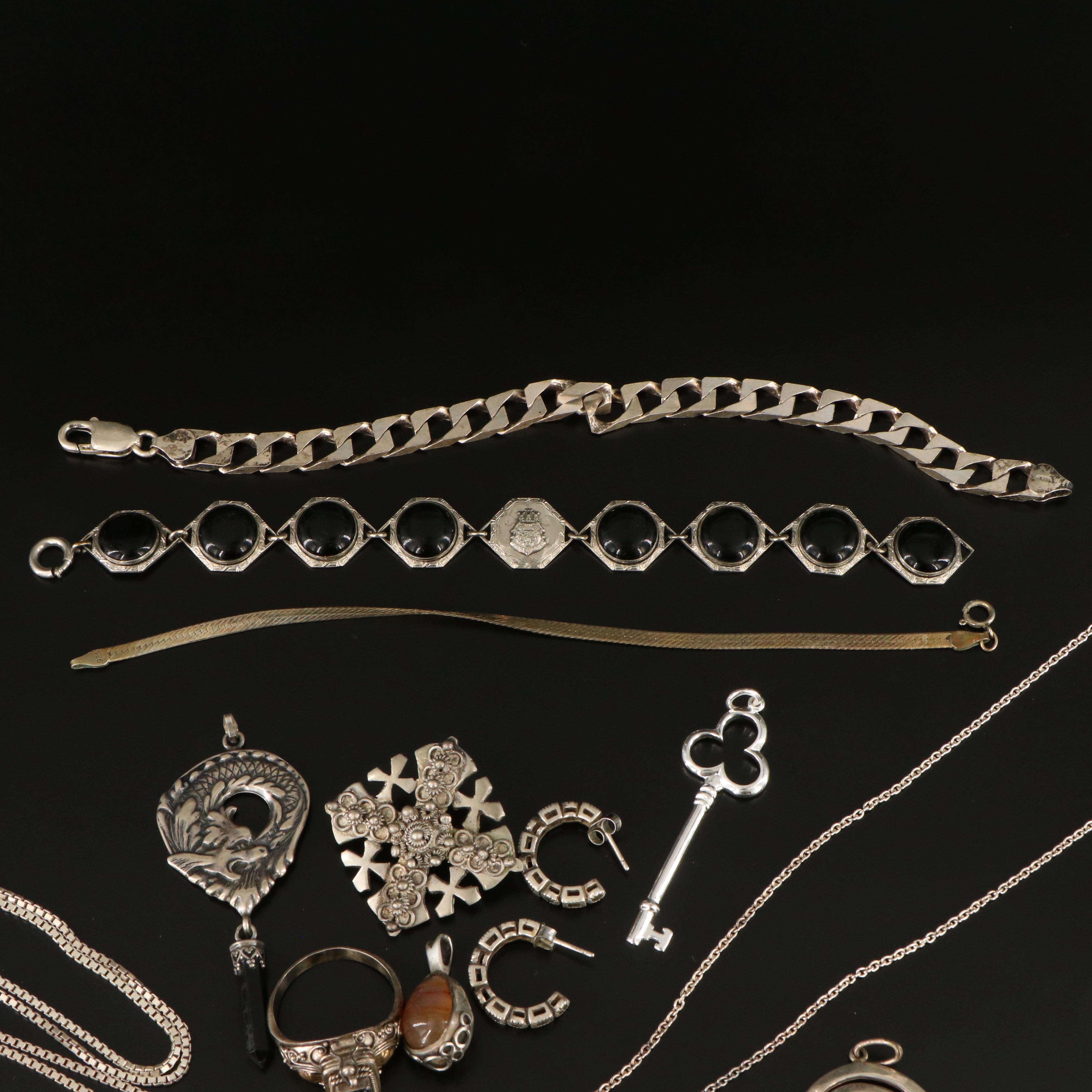 Sterling Jewelry Collection Including Agate, Black Onyx and Black Obsidian