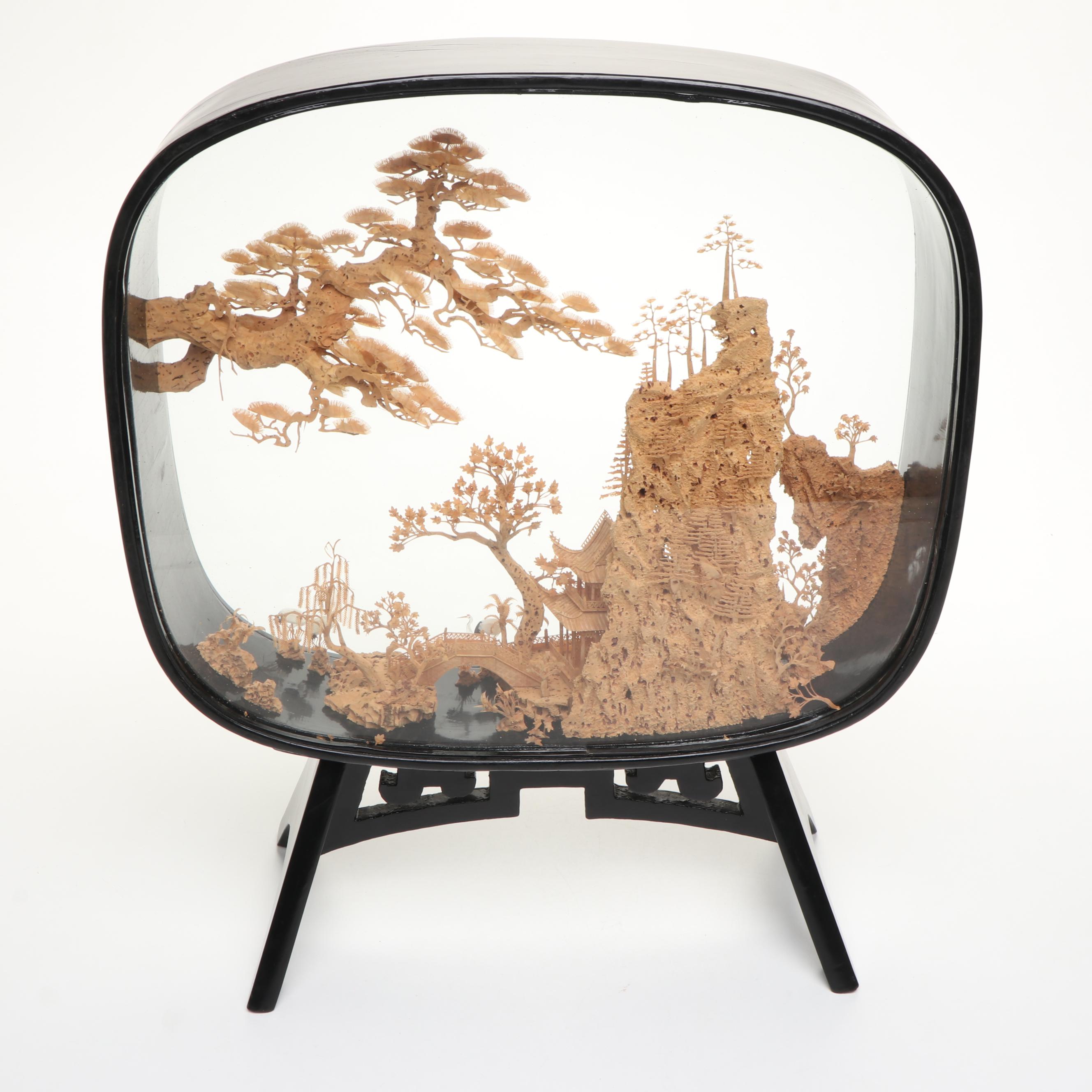 Chinese Cork Landscape Inside Wood Display Case