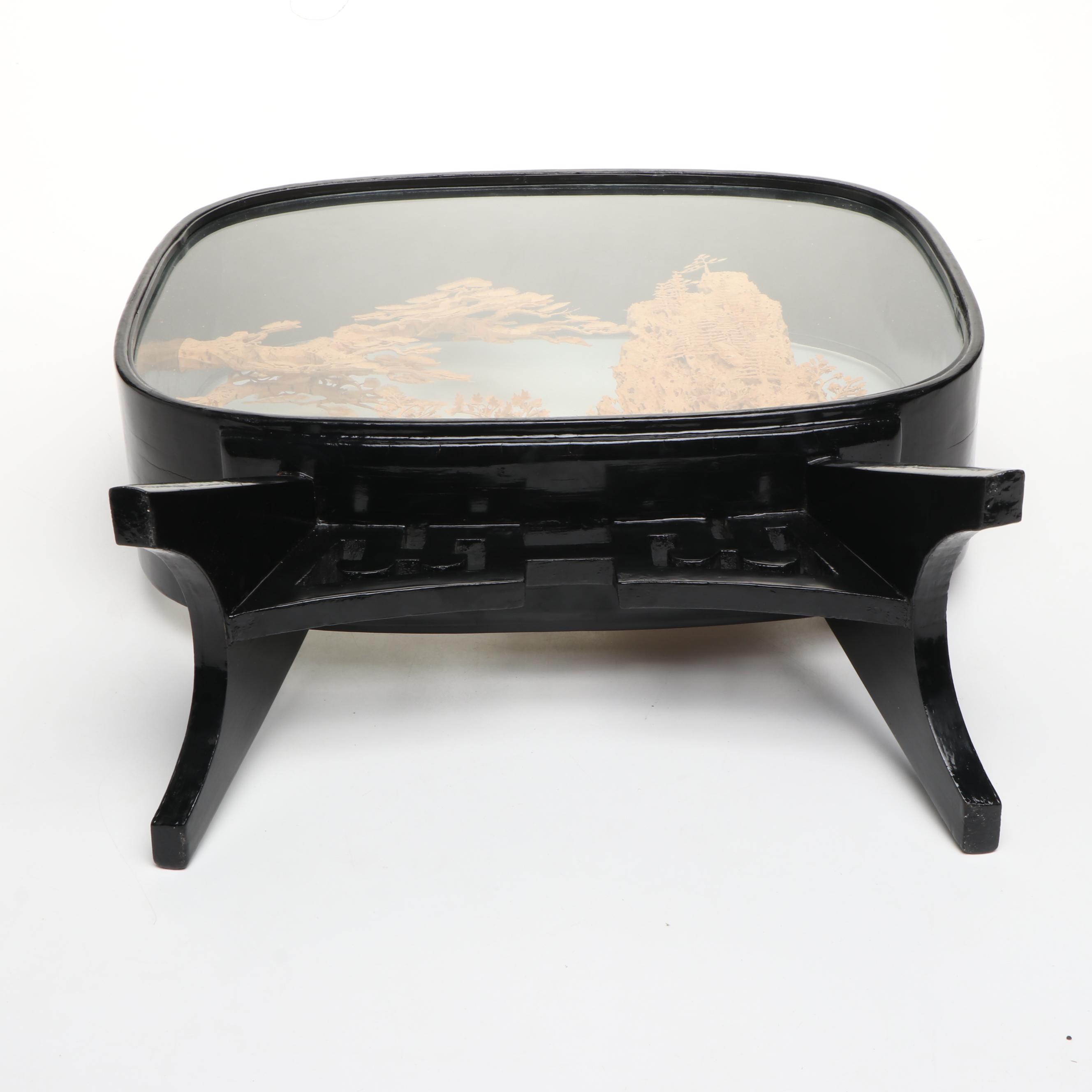 Chinese Cork Landscape Inside Wood Display Case