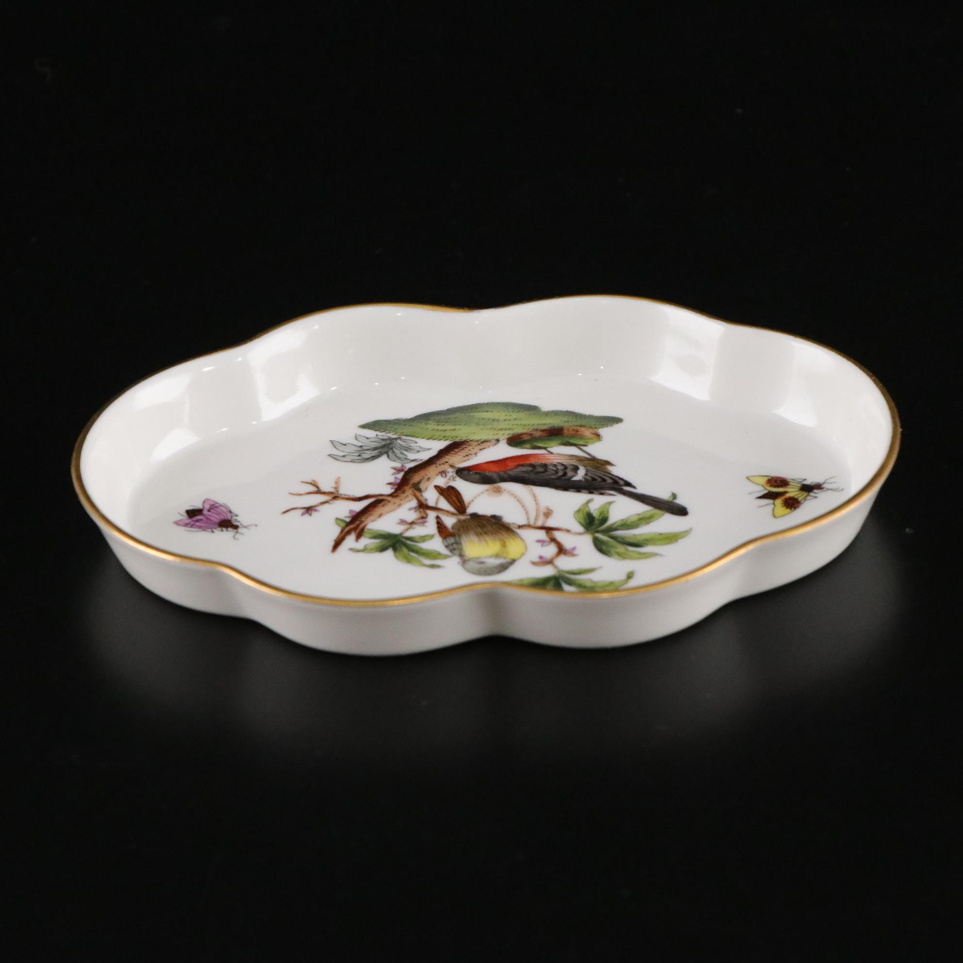 Herend "Rothschild Bird" Hand-Painted Porcelain Dish with Scalloped Gilt Edge