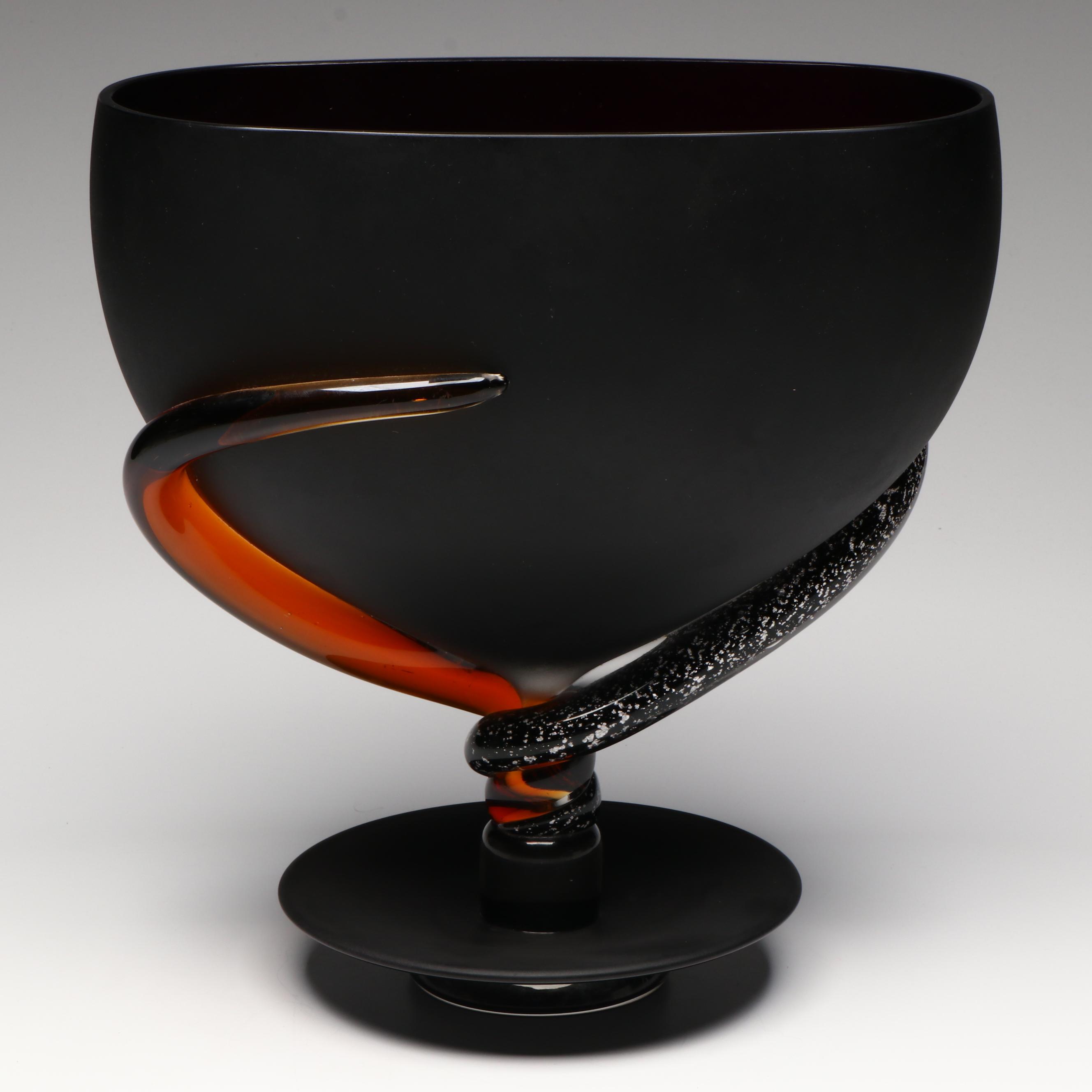 Santi Murano Blown Art Glass Matte Black and Orange Footed Bowl
