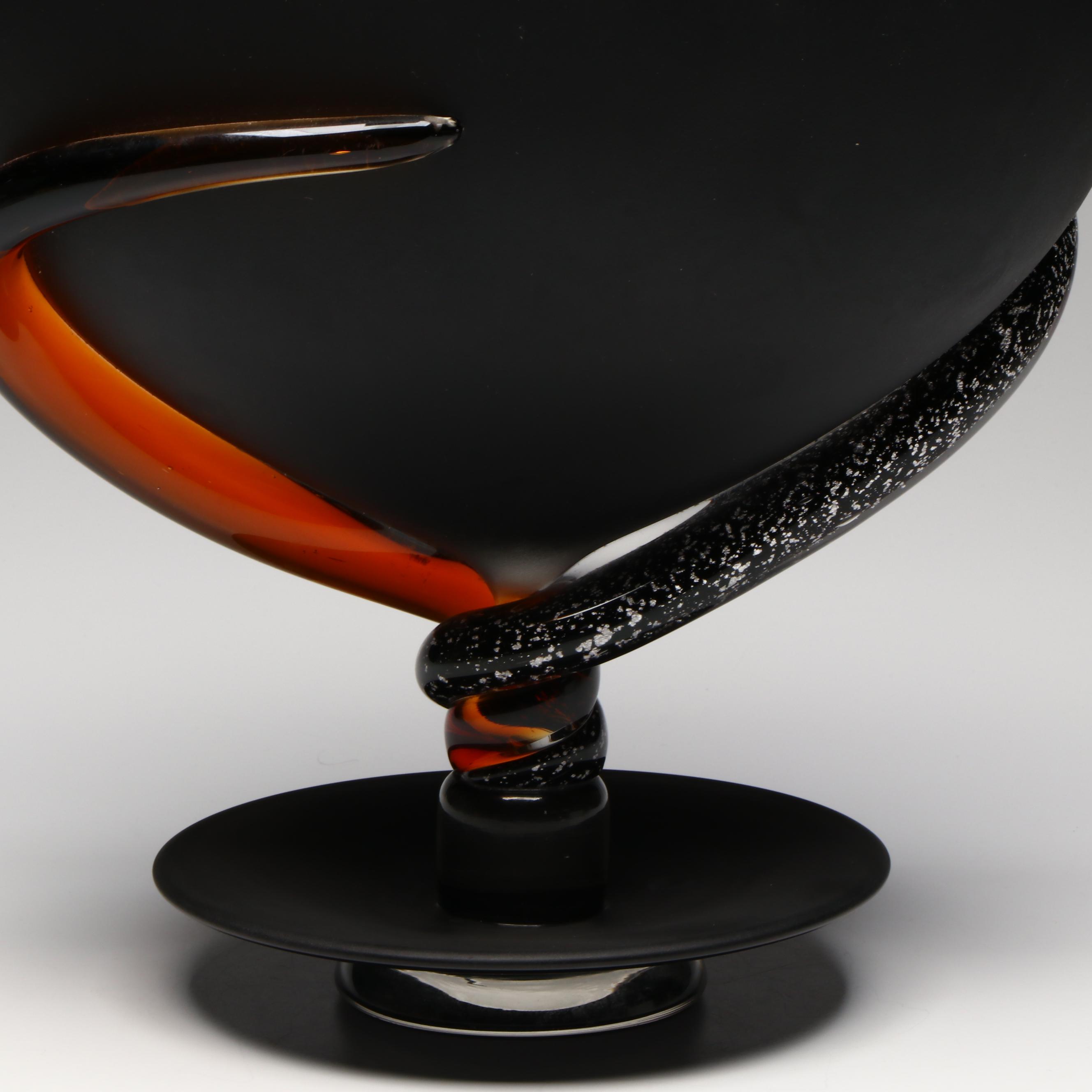 Santi Murano Blown Art Glass Matte Black and Orange Footed Bowl