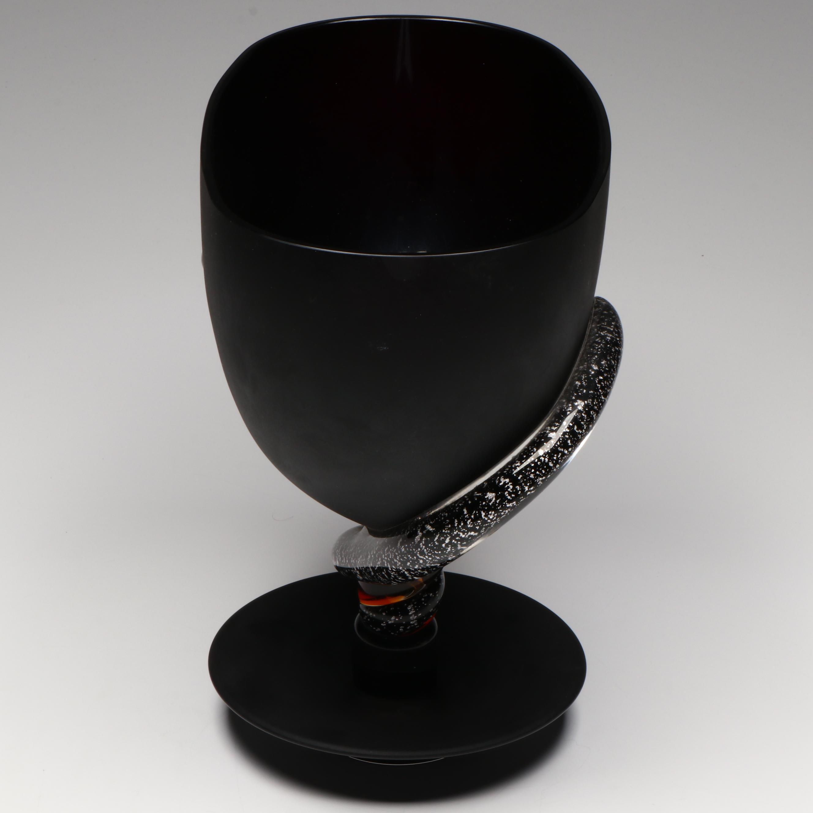 Santi Murano Blown Art Glass Matte Black and Orange Footed Bowl