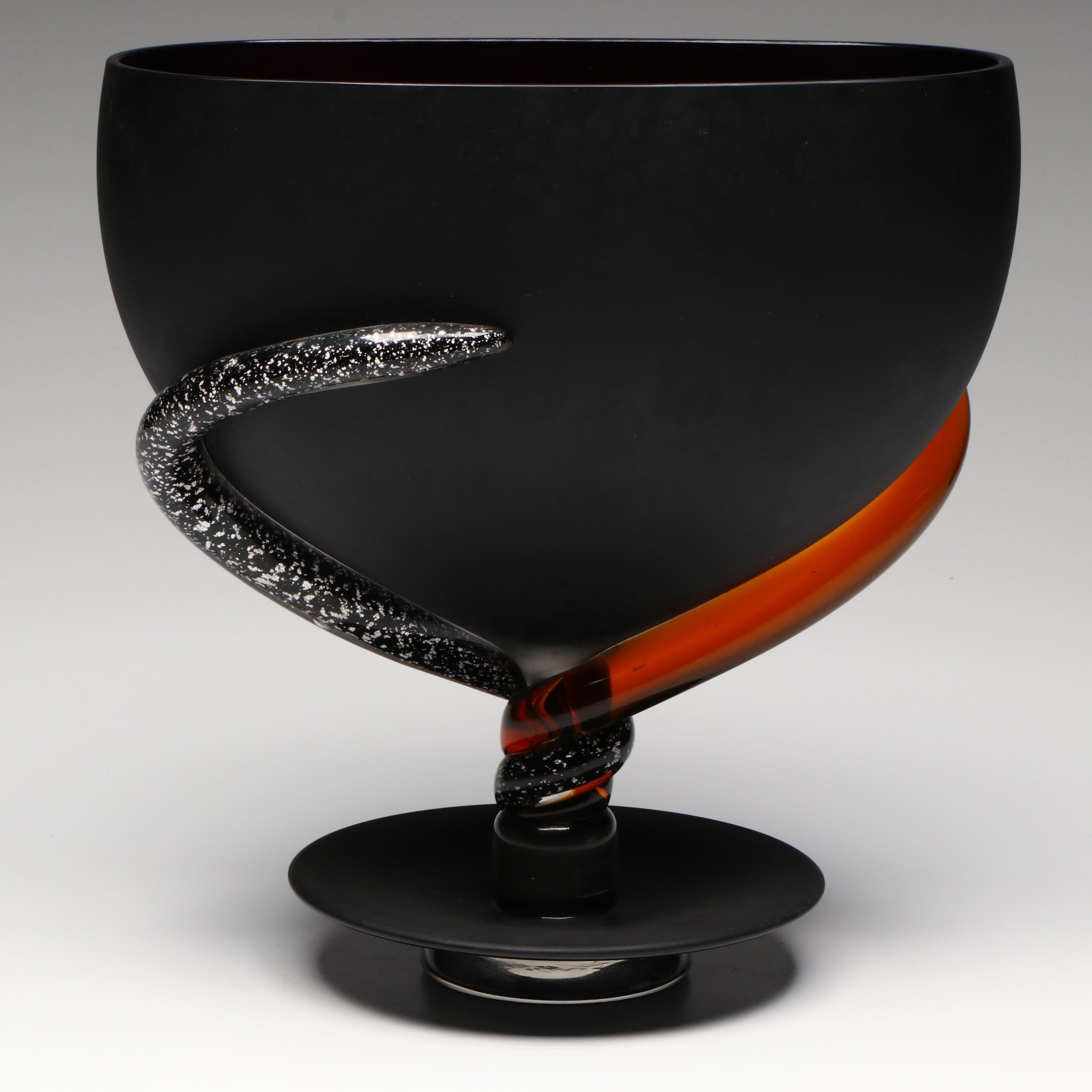 Santi Murano Blown Art Glass Matte Black and Orange Footed Bowl