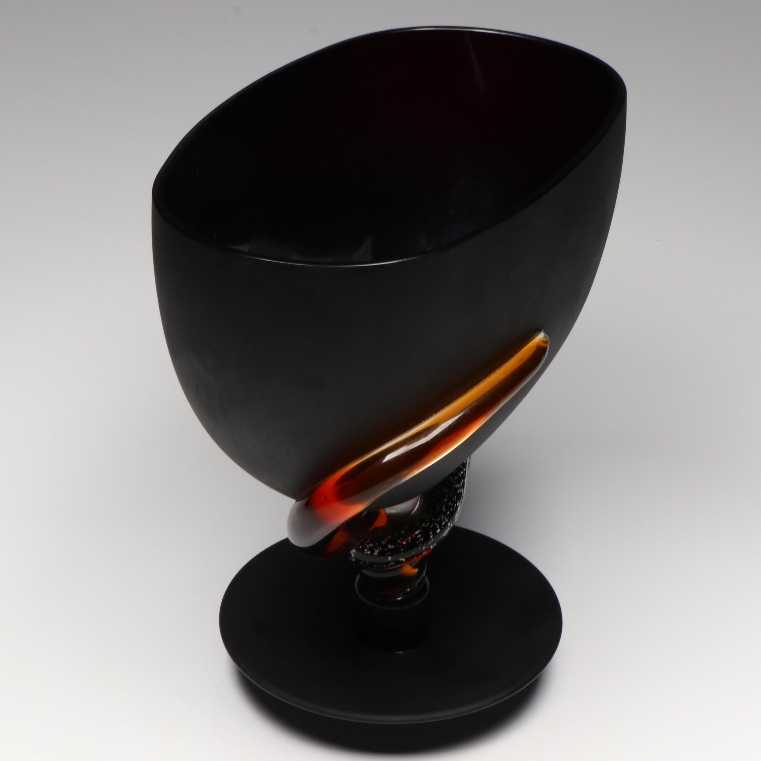 Santi Murano Blown Art Glass Matte Black and Orange Footed Bowl
