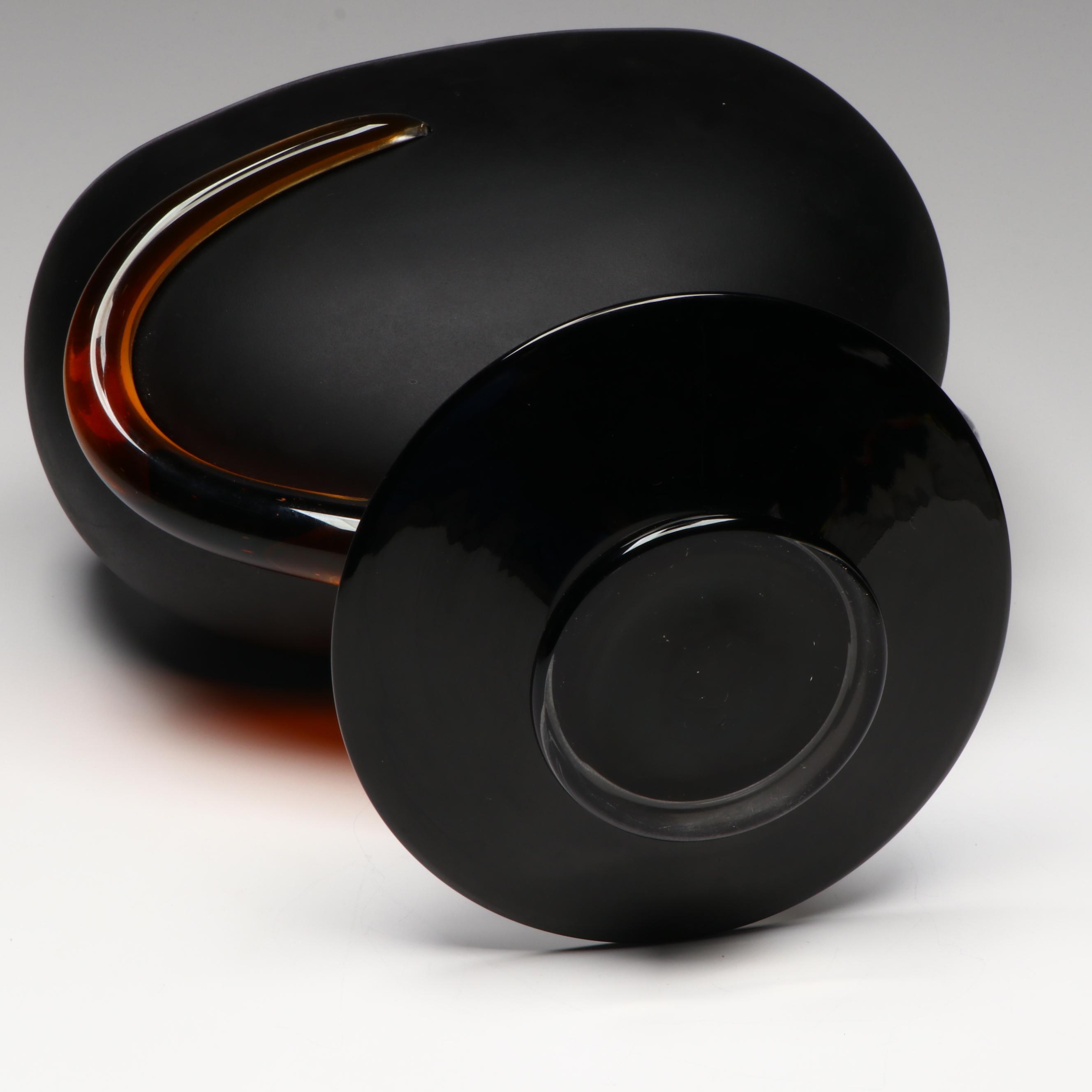 Santi Murano Blown Art Glass Matte Black and Orange Footed Bowl