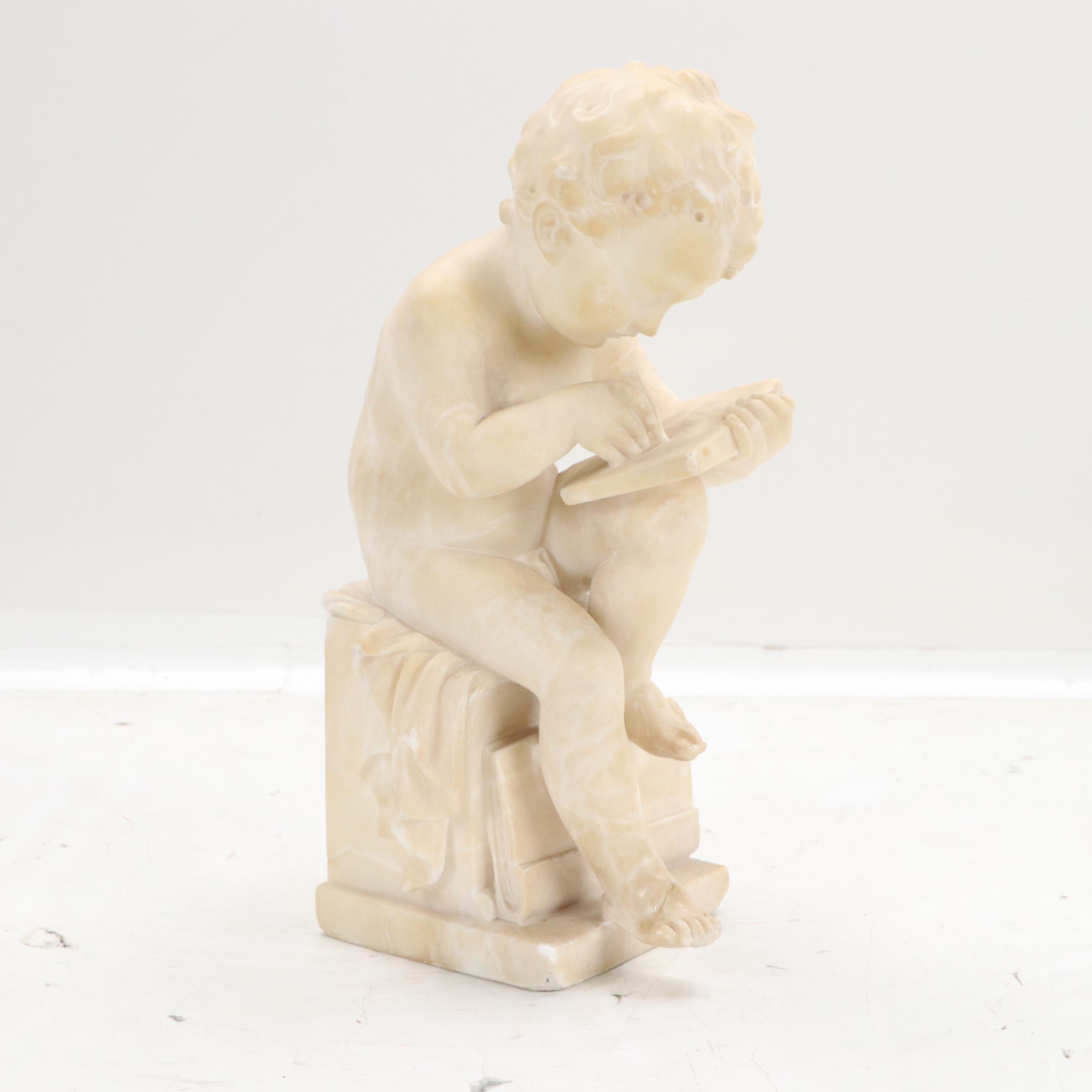 Alabaster Sculpture of Boy Writing on Tablet After Antonio Canova