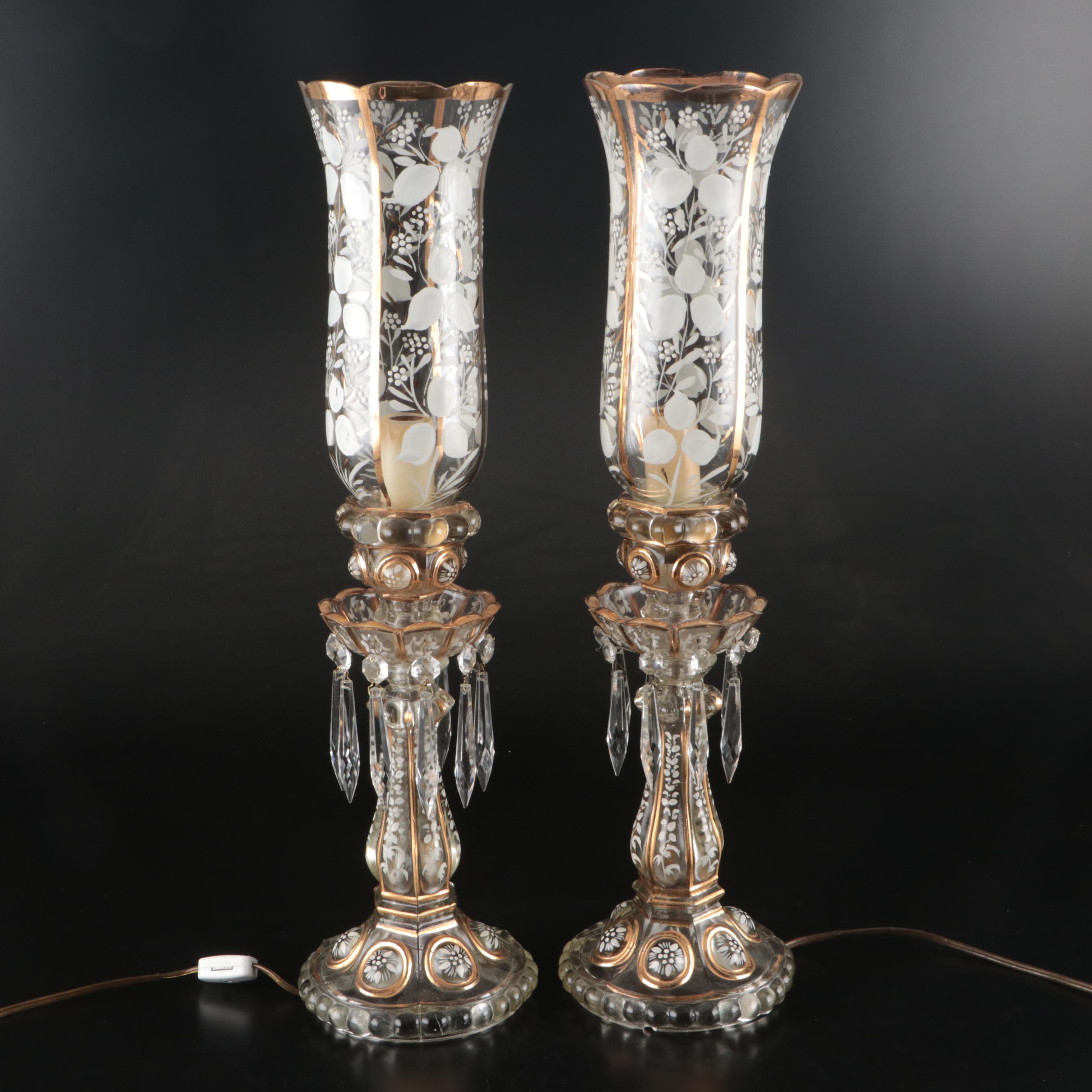 Pair of Bohemian Style Painted and Gilt Glass Mantel Lusters, Adapted