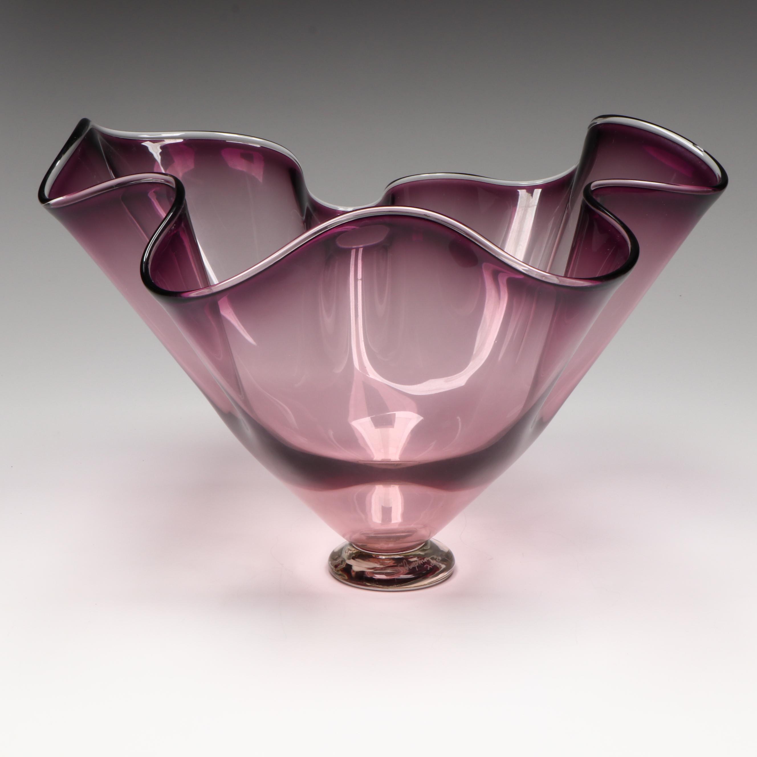 Thomas Chapman Amethyst Handkerchief Art Glass Footed Centerpiece, 2000