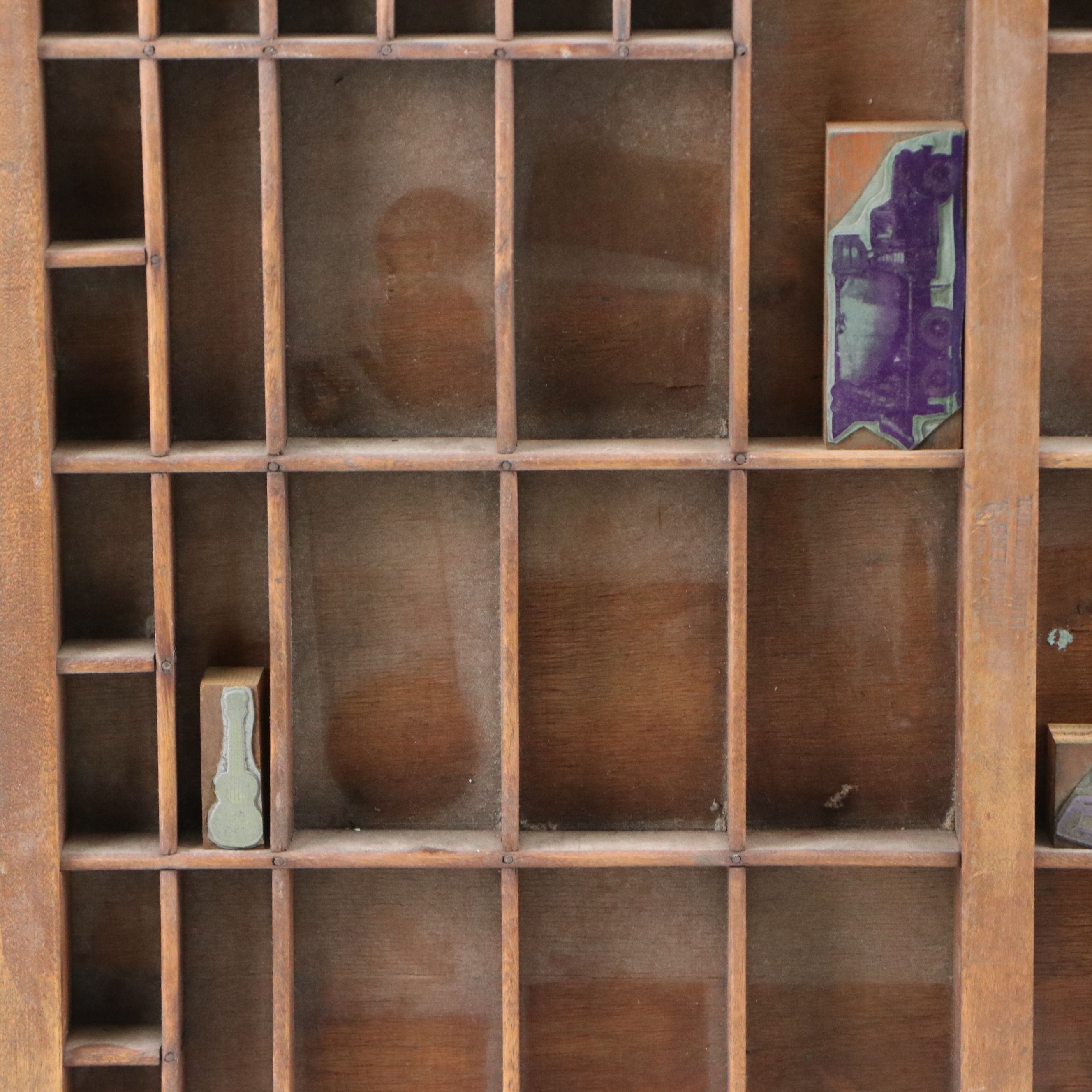 Repurposed Wood Letterpress Drawer Wall Shelf with Letterpress Blocks