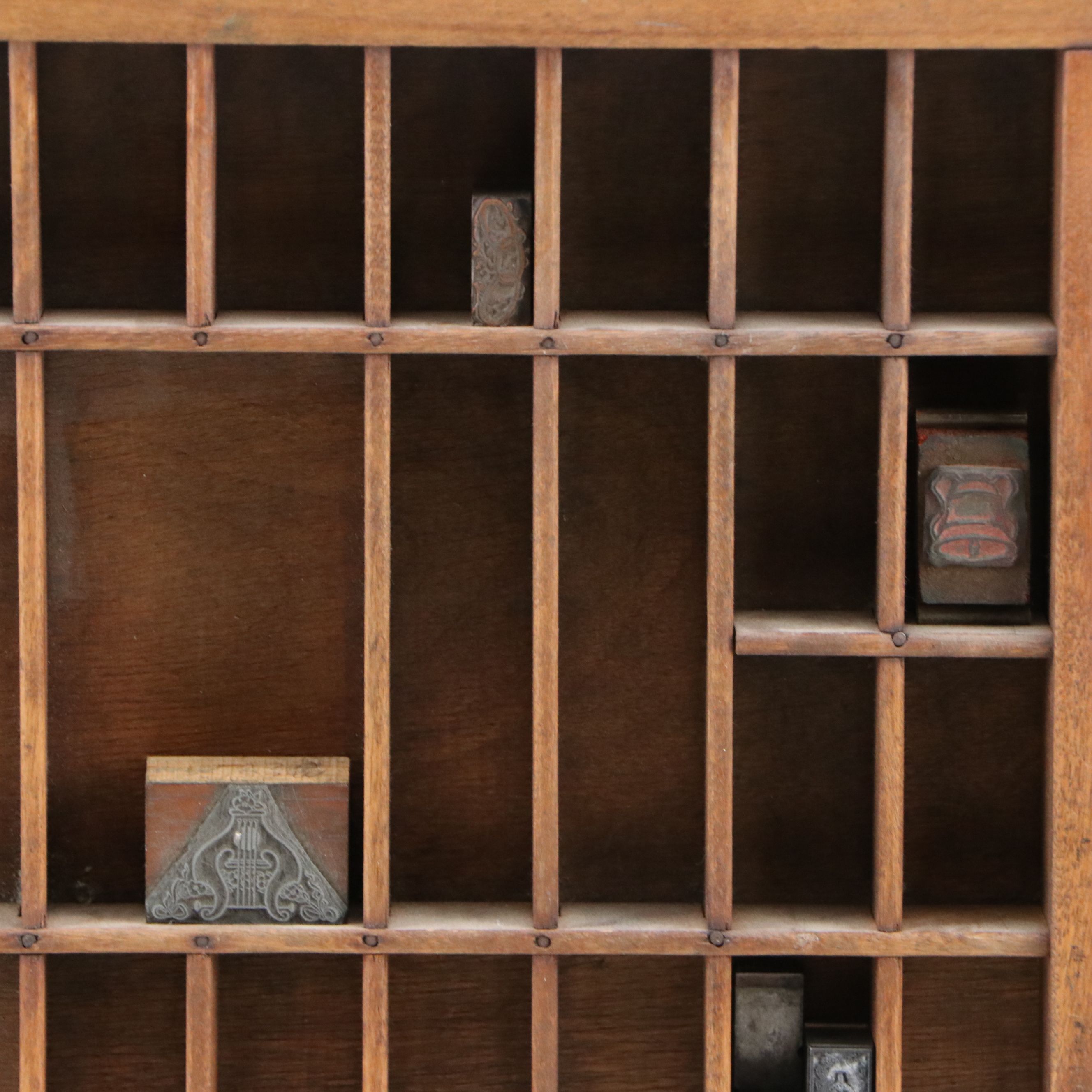 Repurposed Wood Letterpress Drawer Wall Shelf with Letterpress Blocks