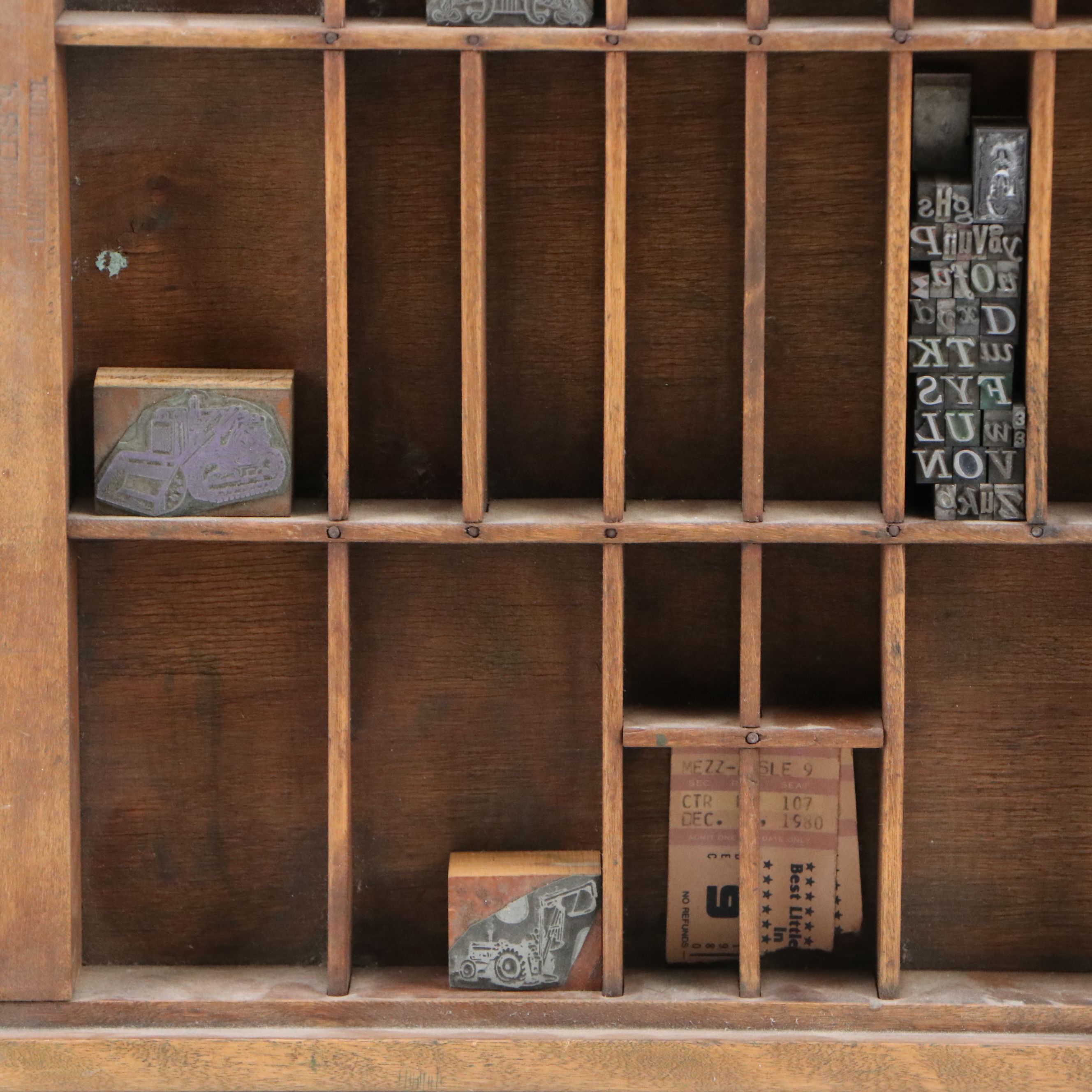 Repurposed Wood Letterpress Drawer Wall Shelf with Letterpress Blocks