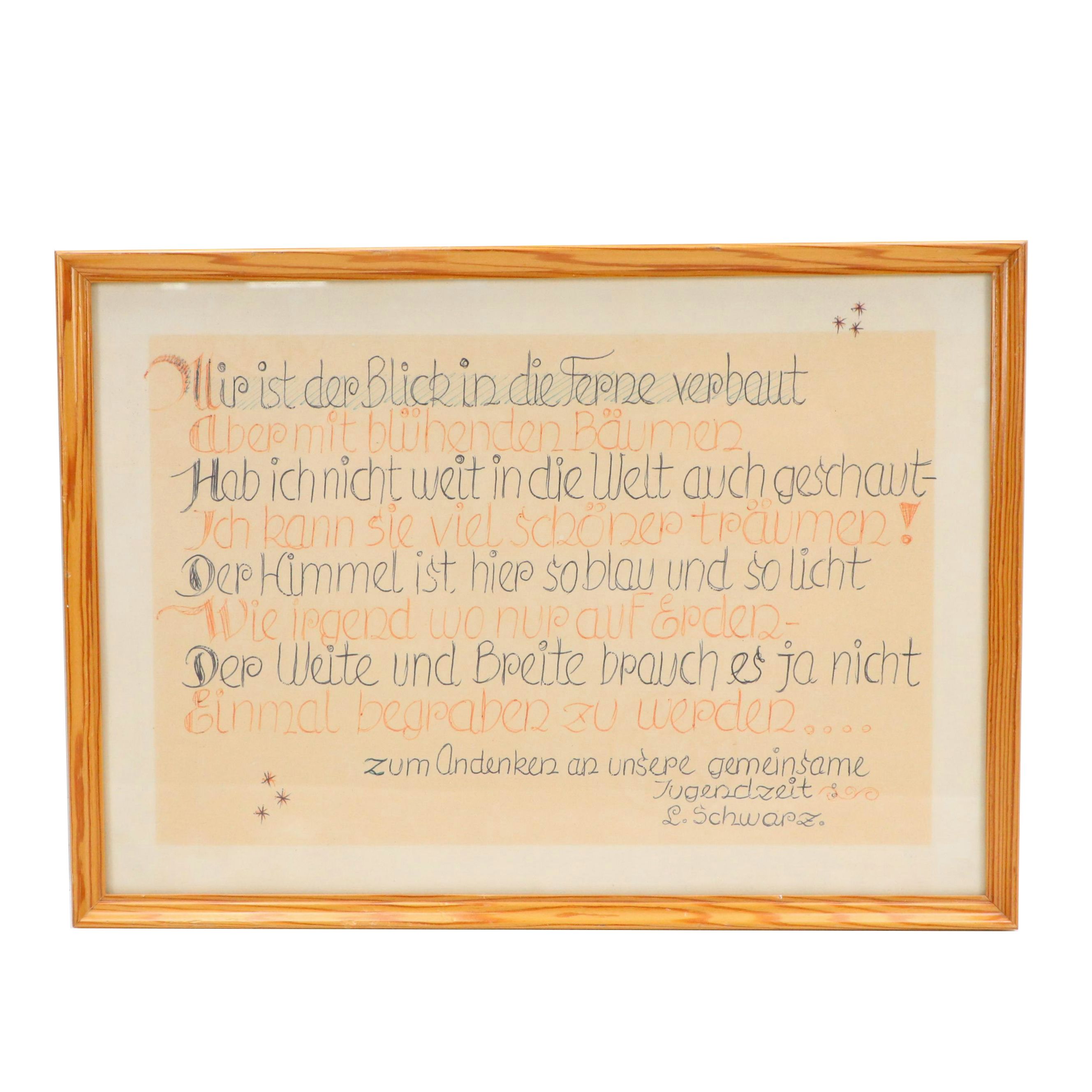Handwritten German Poem "In Memory of Our Shared Youth," Late 20th Century