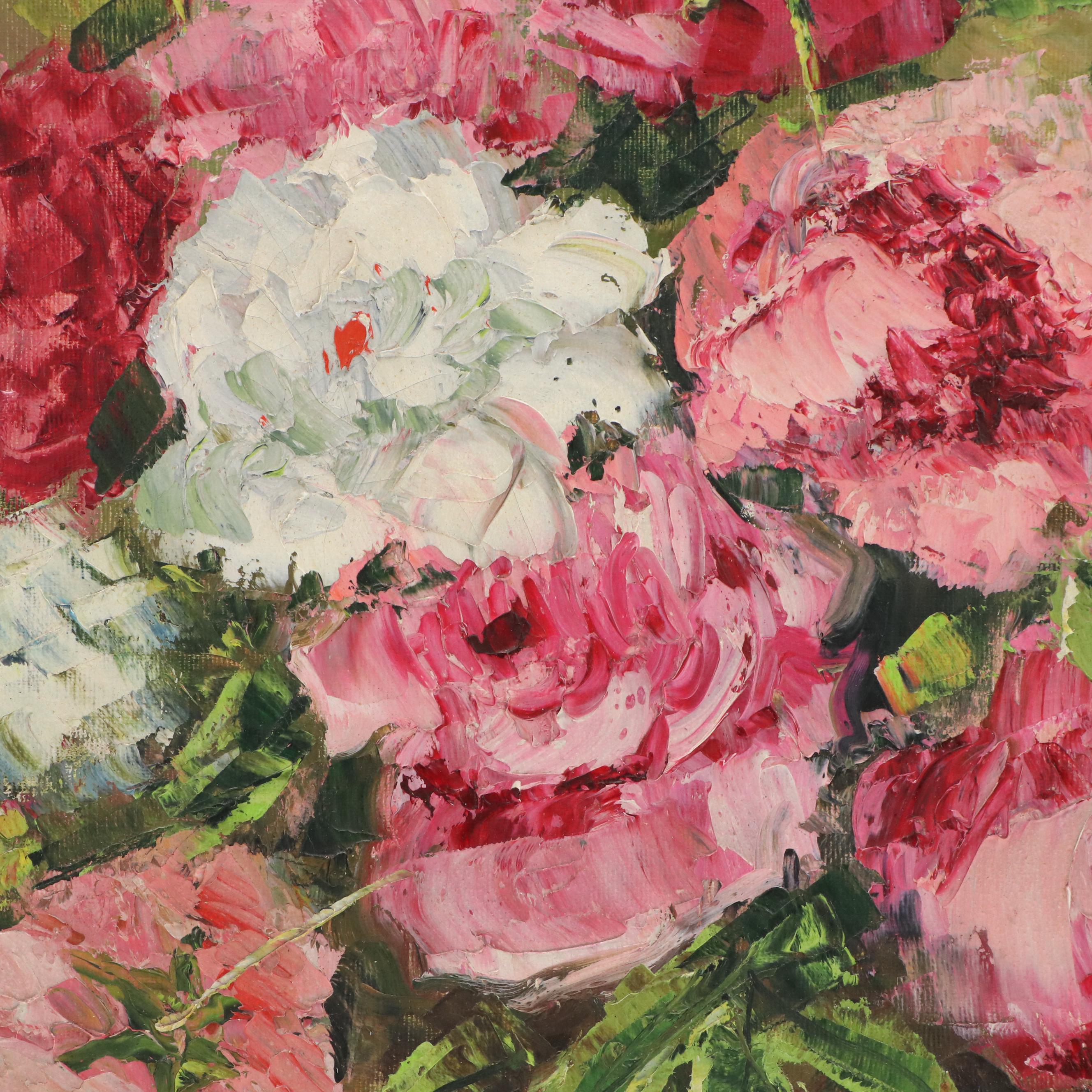 Joseph Trover Still Life Oil Painting "Pink Flowers," Mid-Late 20th Century