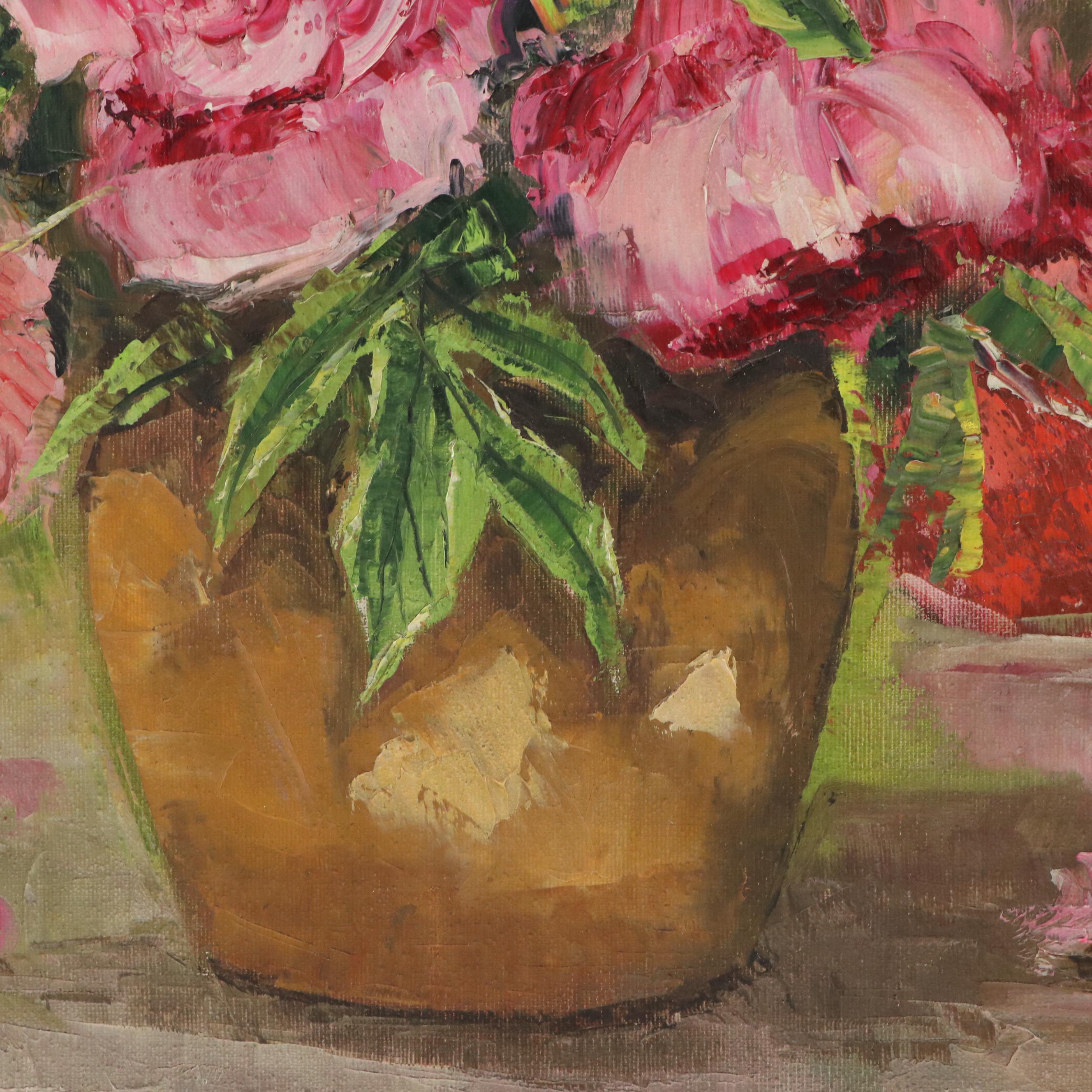 Joseph Trover Still Life Oil Painting "Pink Flowers," Mid-Late 20th Century