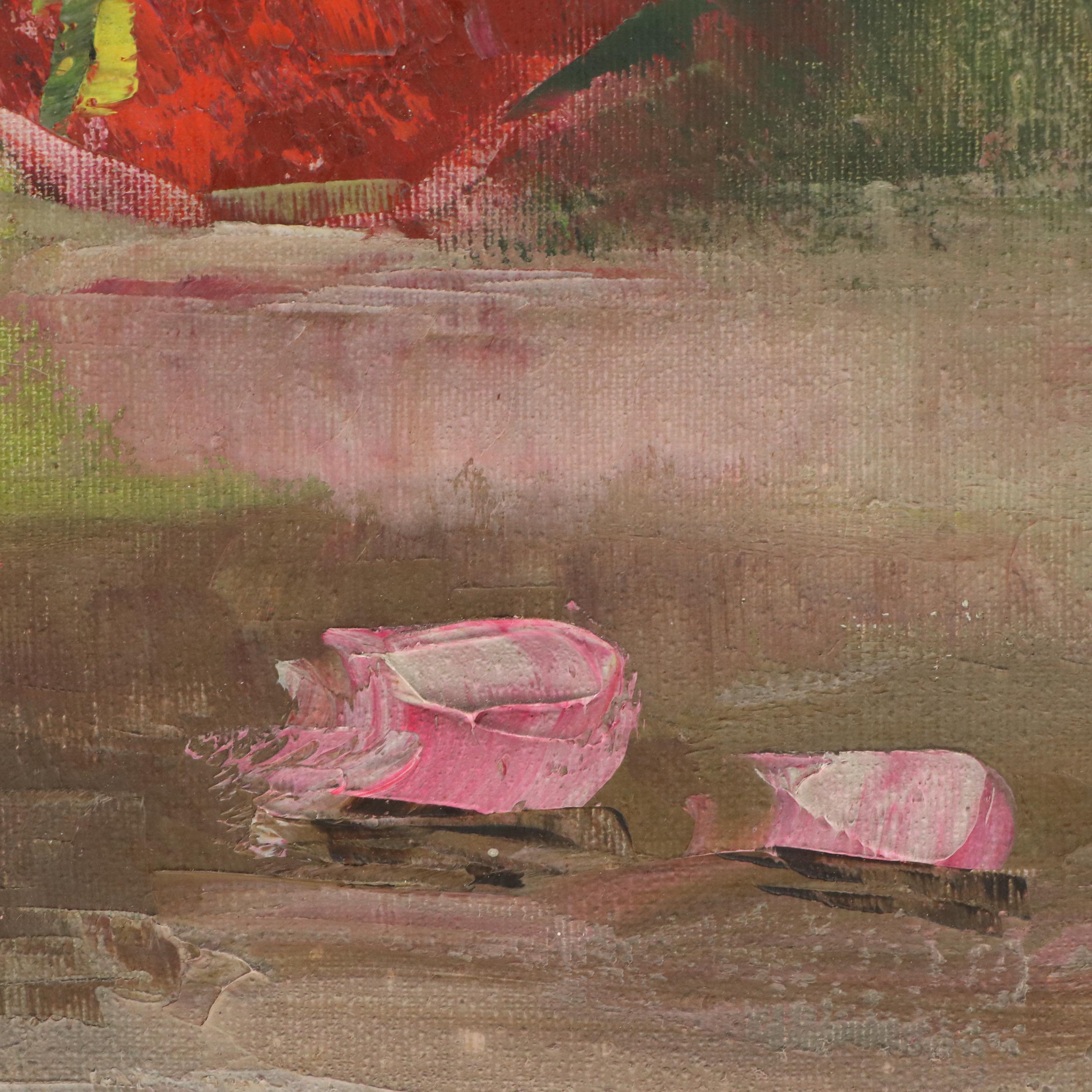 Joseph Trover Still Life Oil Painting "Pink Flowers," Mid-Late 20th Century