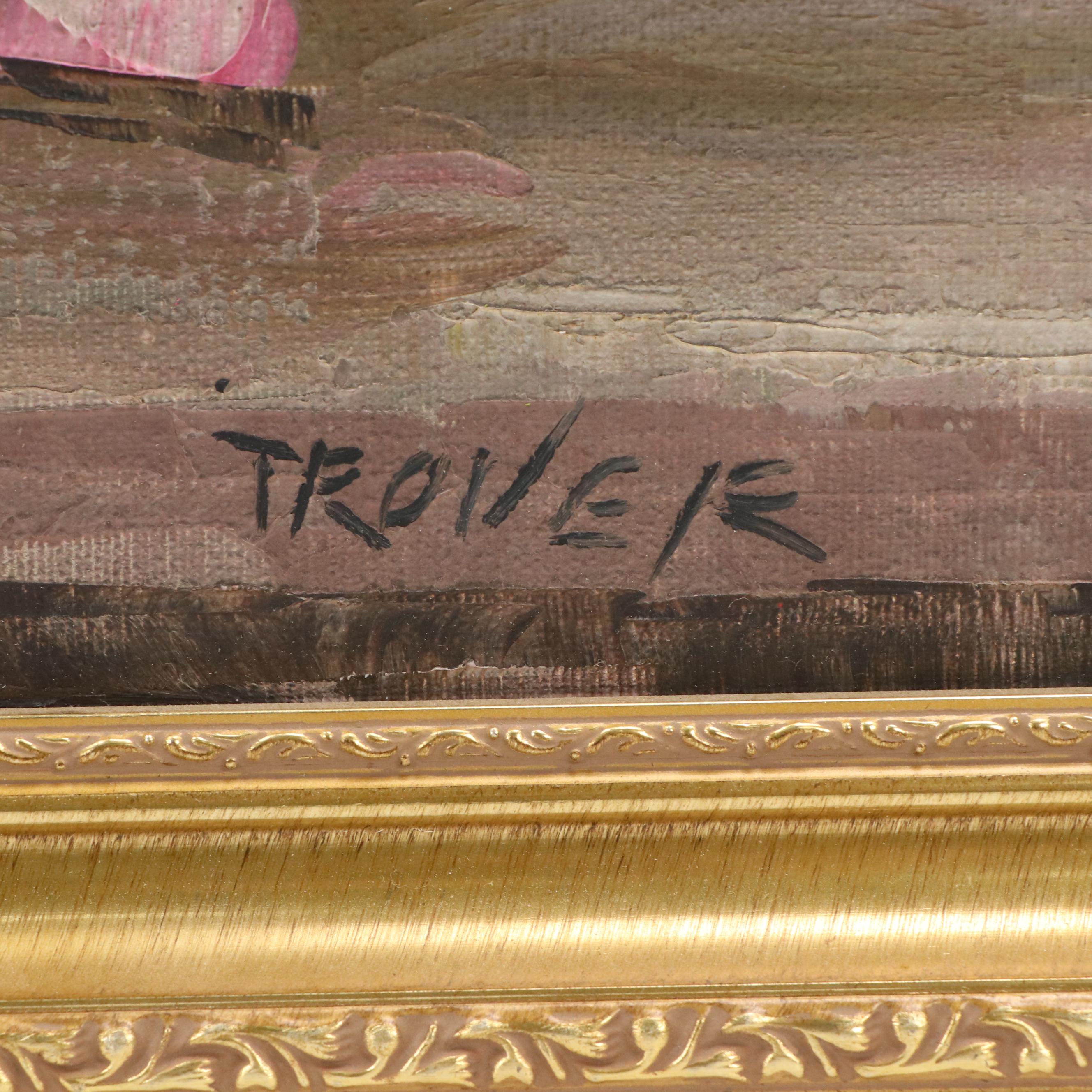 Joseph Trover Still Life Oil Painting "Pink Flowers," Mid-Late 20th Century