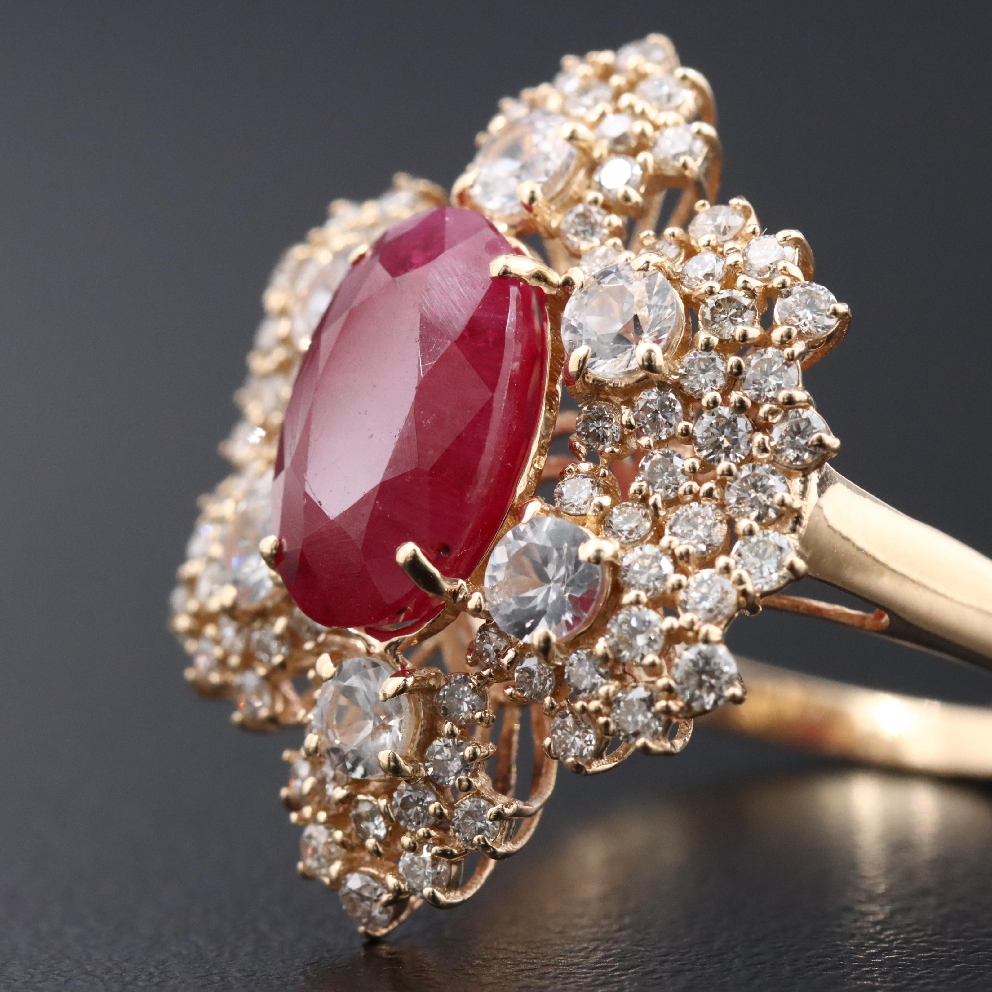 14K 3.51 CT Ruby, White Sapphire, and Diamond Ring with IGI Jewelry Report