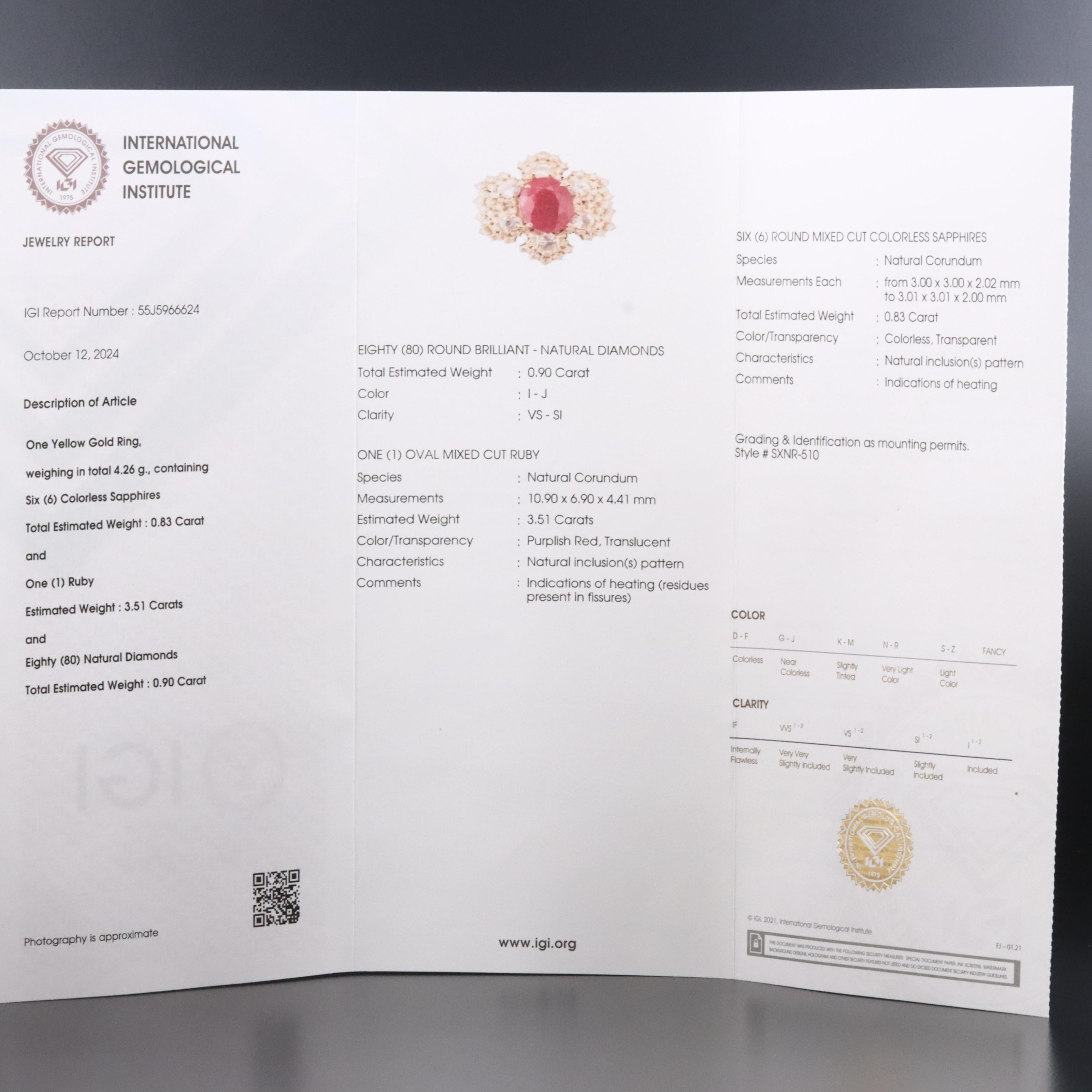 14K 3.51 CT Ruby, White Sapphire, and Diamond Ring with IGI Jewelry Report