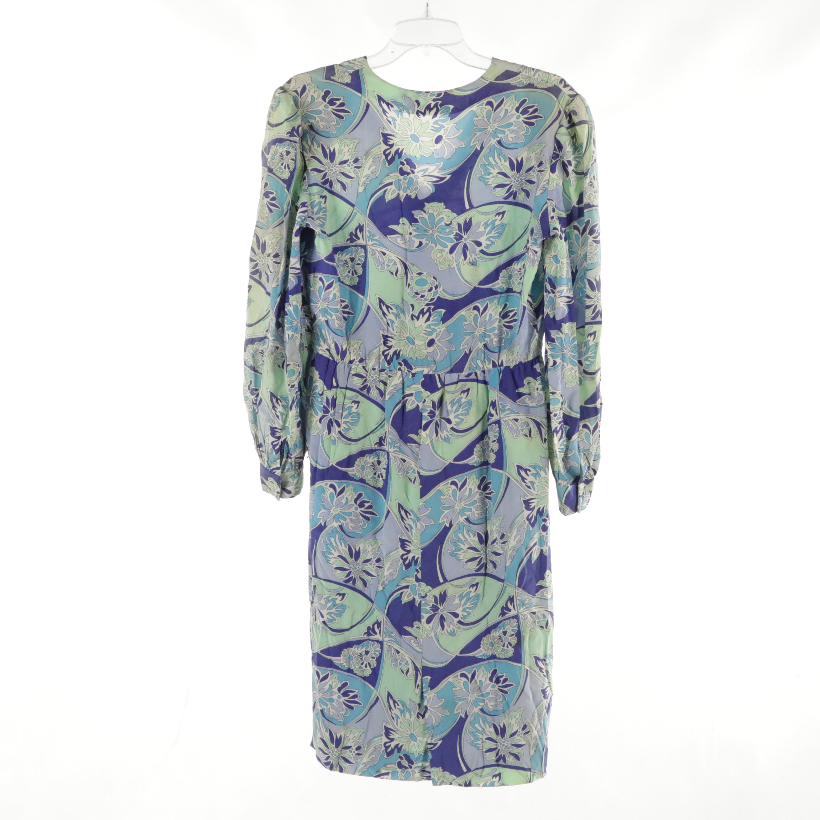 Emilio Pucci Long Sleeve Surplice Bodice Signature Print Silk Dress, Early 1970s