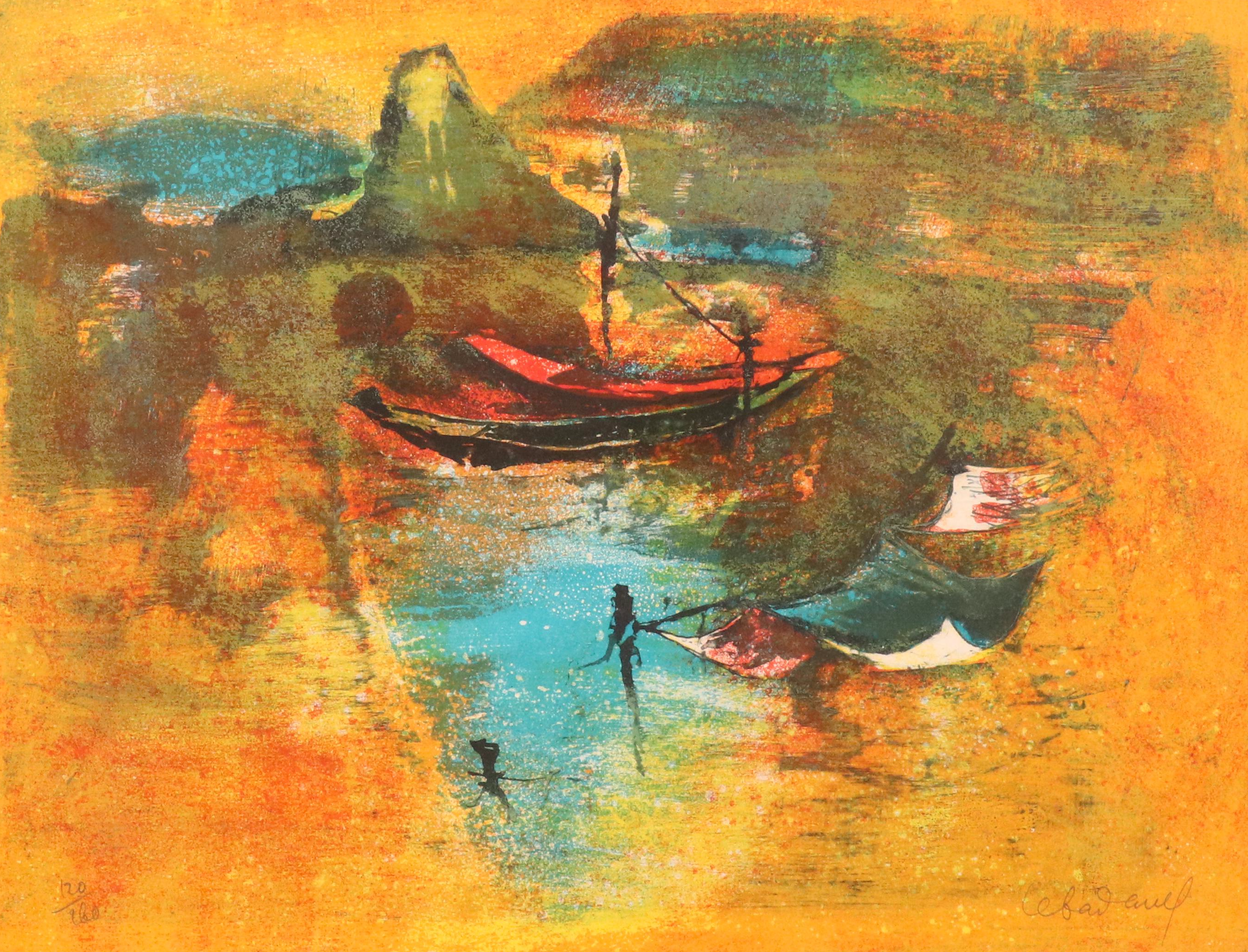 Hoi Lebadang Lithograph "Paysage du Vietnam - Pêcheur sur la Lagune"