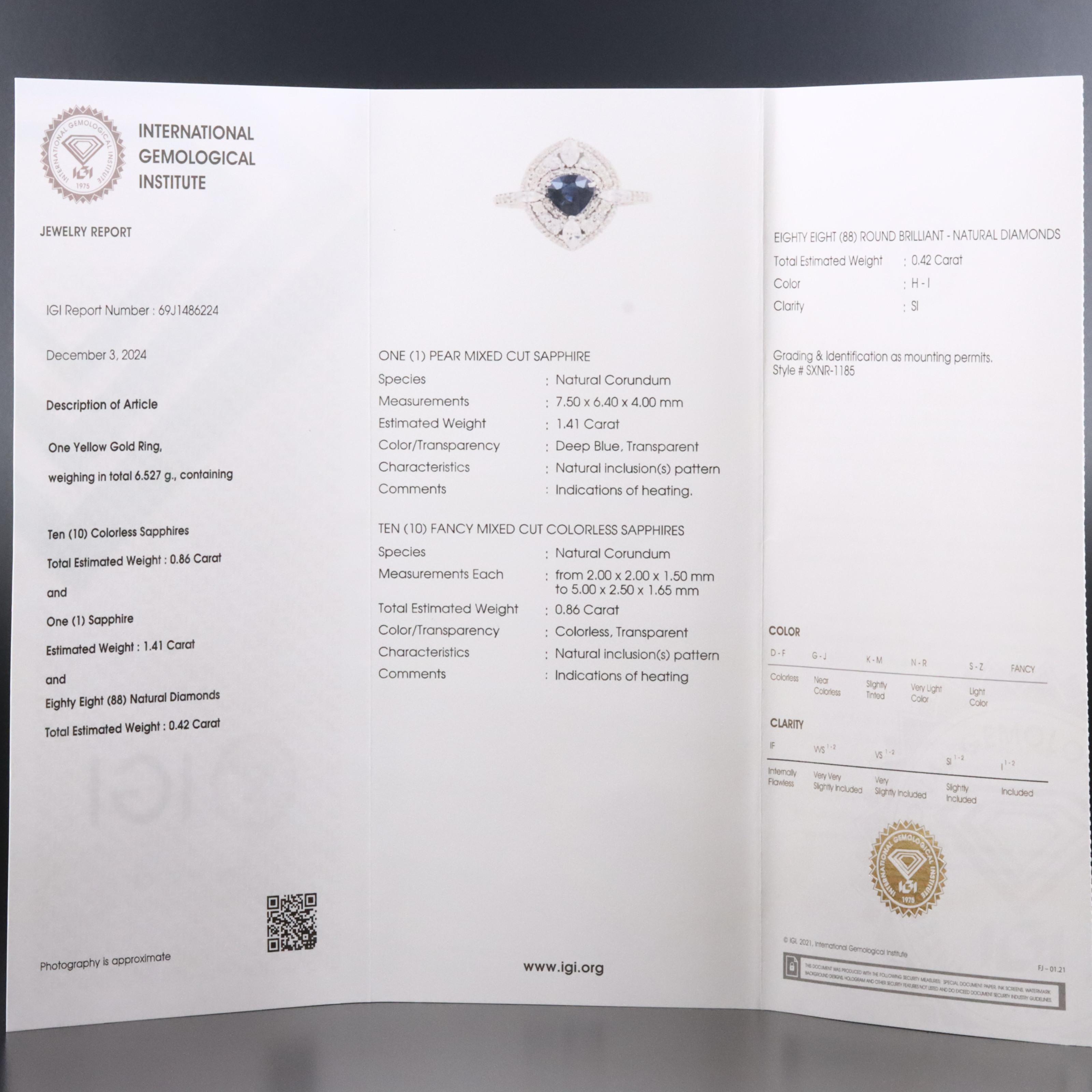 14K 1.41 CT Sapphire, White Sapphire, and Diamond Ring with IGI Jewelry Report