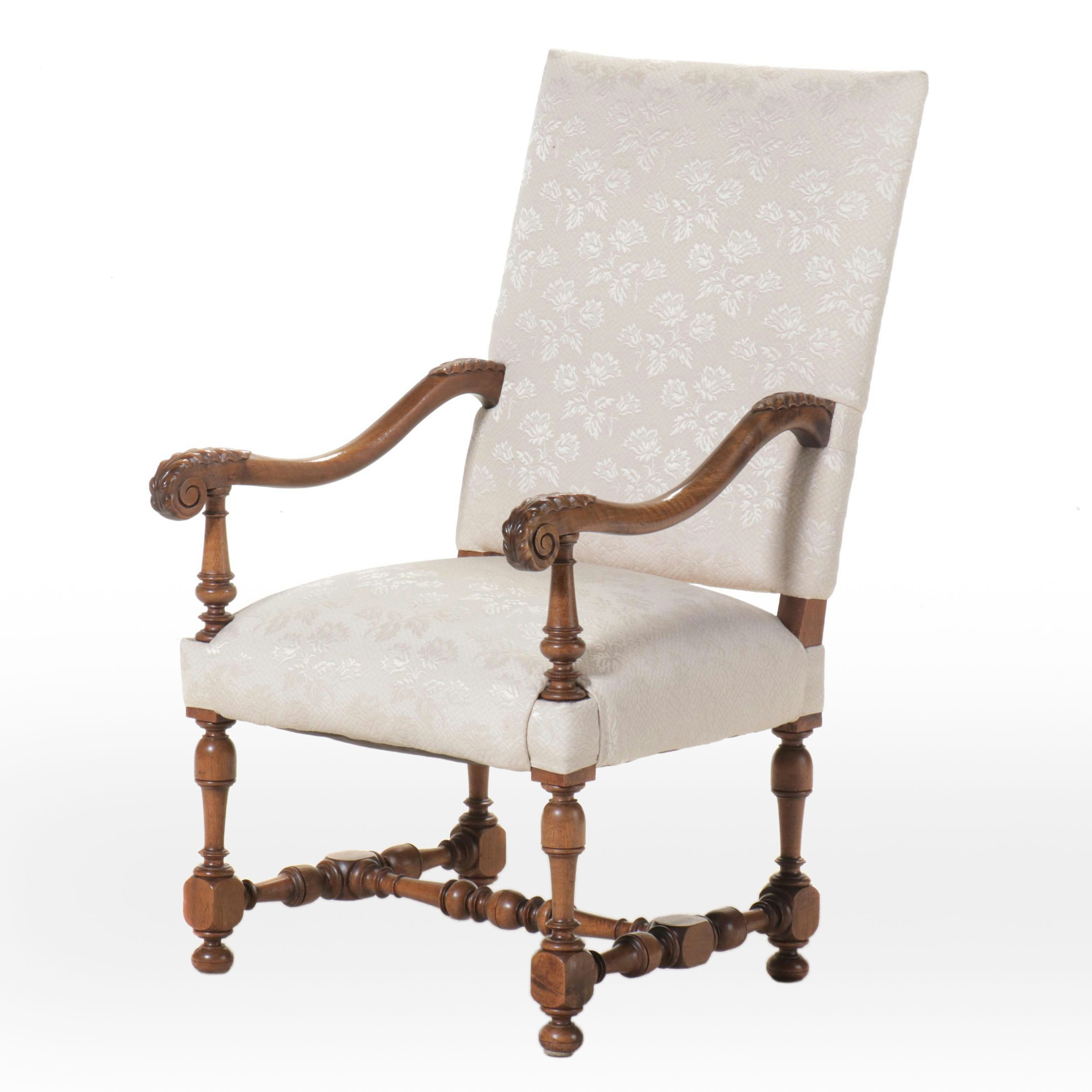 Jacobean Style Fabric Upholstered Carved Wood Armchair, 20th Century
