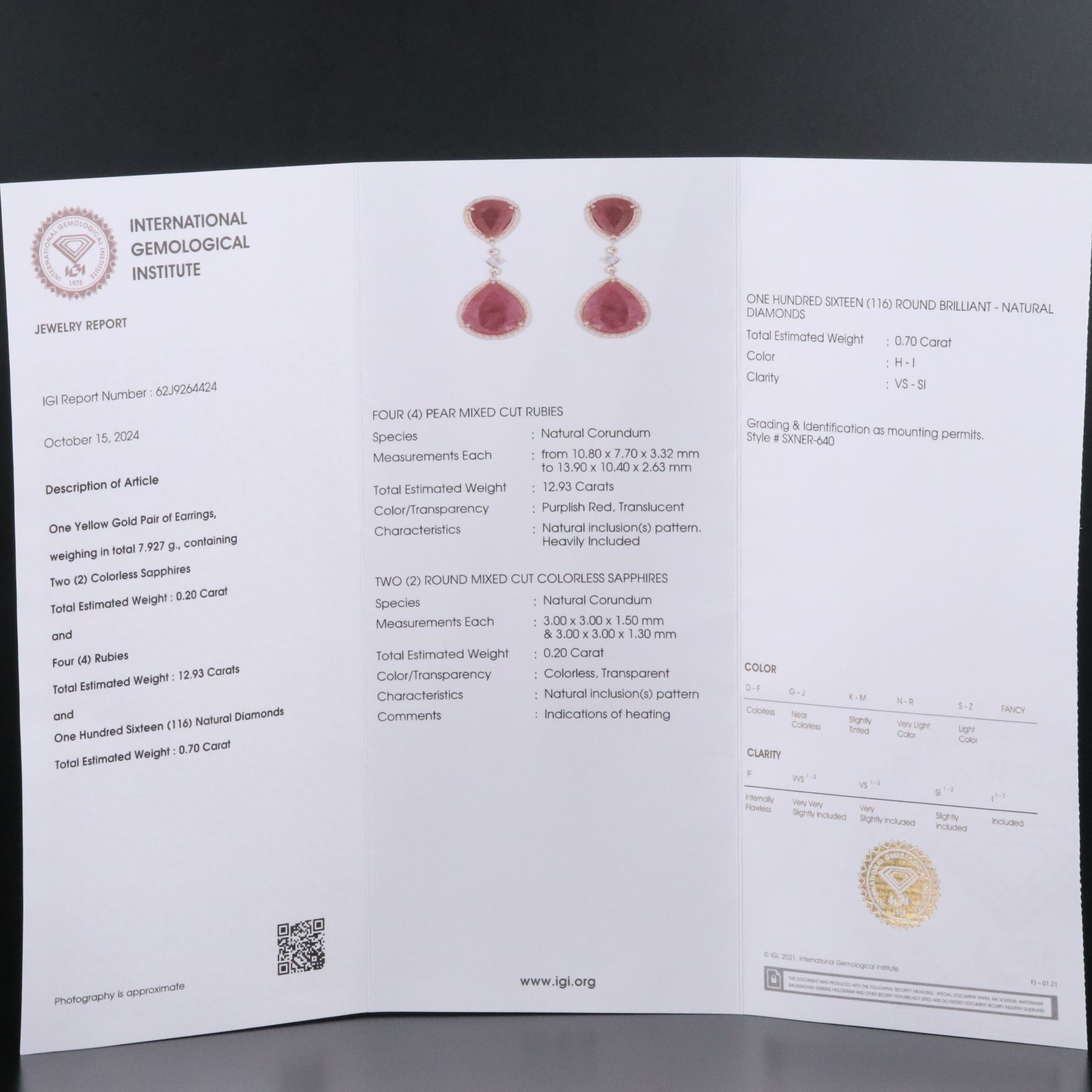 14K 12.93 CTW Ruby, Sapphire, and Diamond Earrings with IGI Jewelry Report