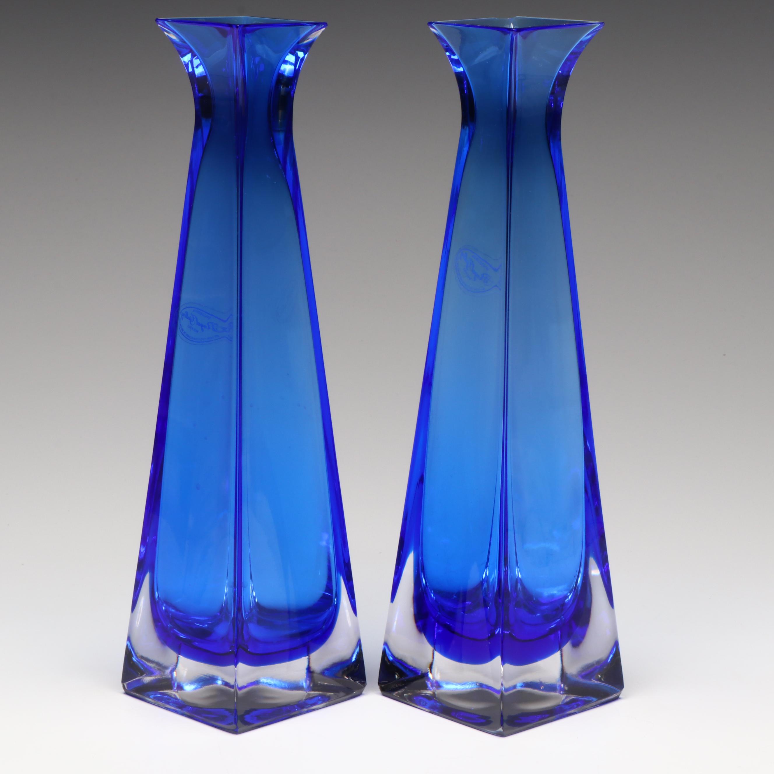 Pair of Royal Gallery Italian Blue Crystal Vases, Late 20th C.