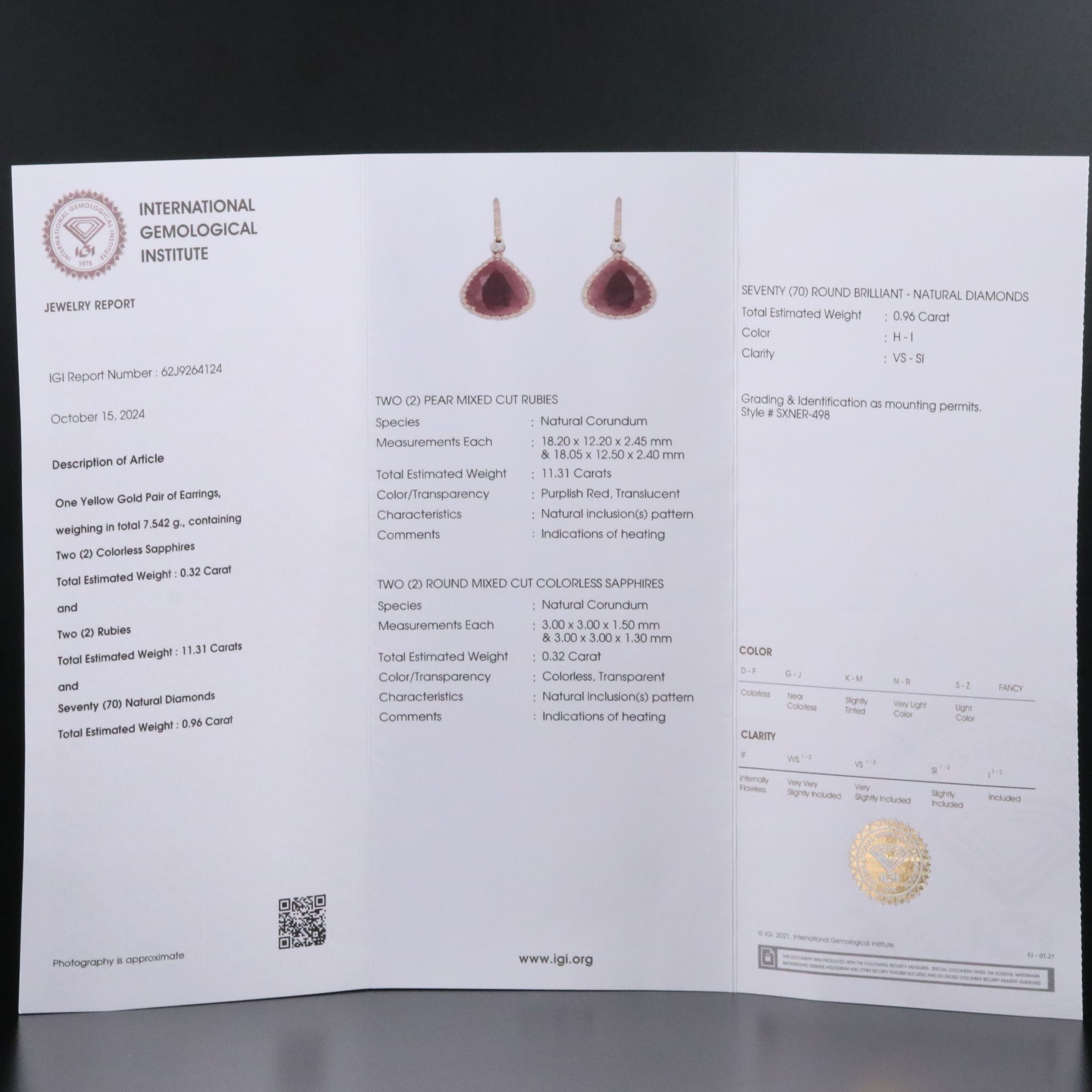 14K Ruby, Sapphire, and Diamond Earrings with IGI Jewelry Report