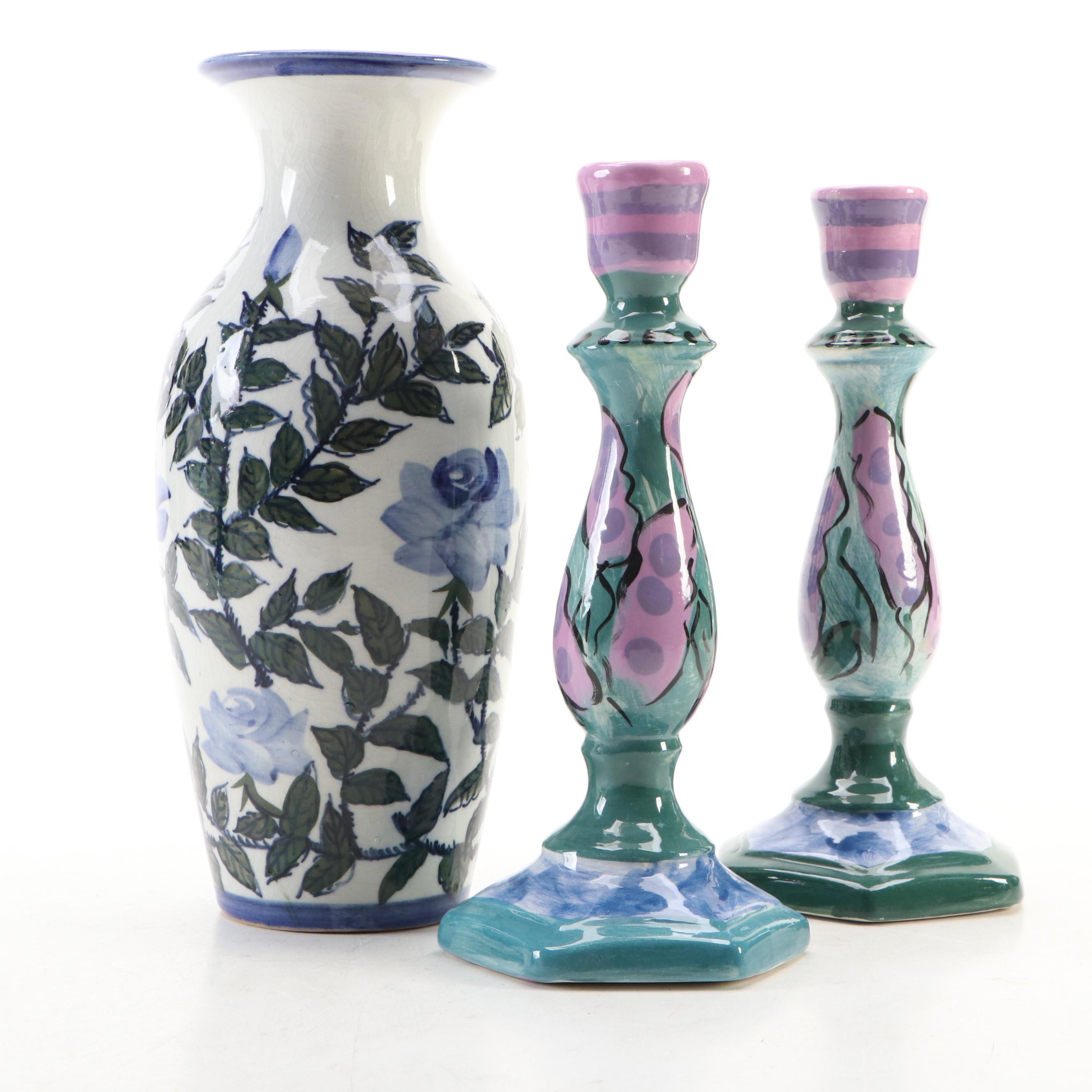 Blue Rose Motif Ceramic Vase with Other Hand-Painted Ceramic Candlesticks
