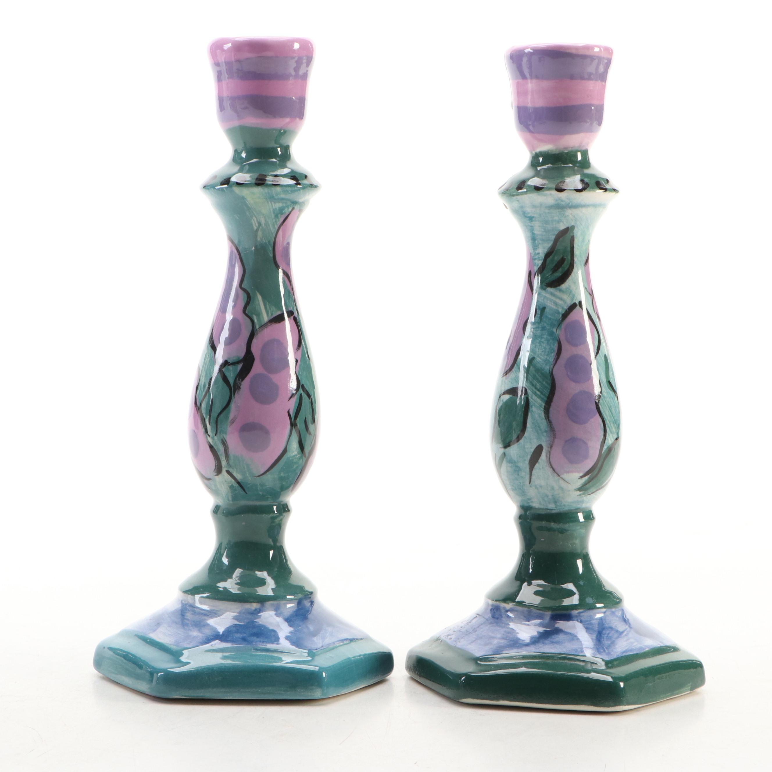 Blue Rose Motif Ceramic Vase with Other Hand-Painted Ceramic Candlesticks