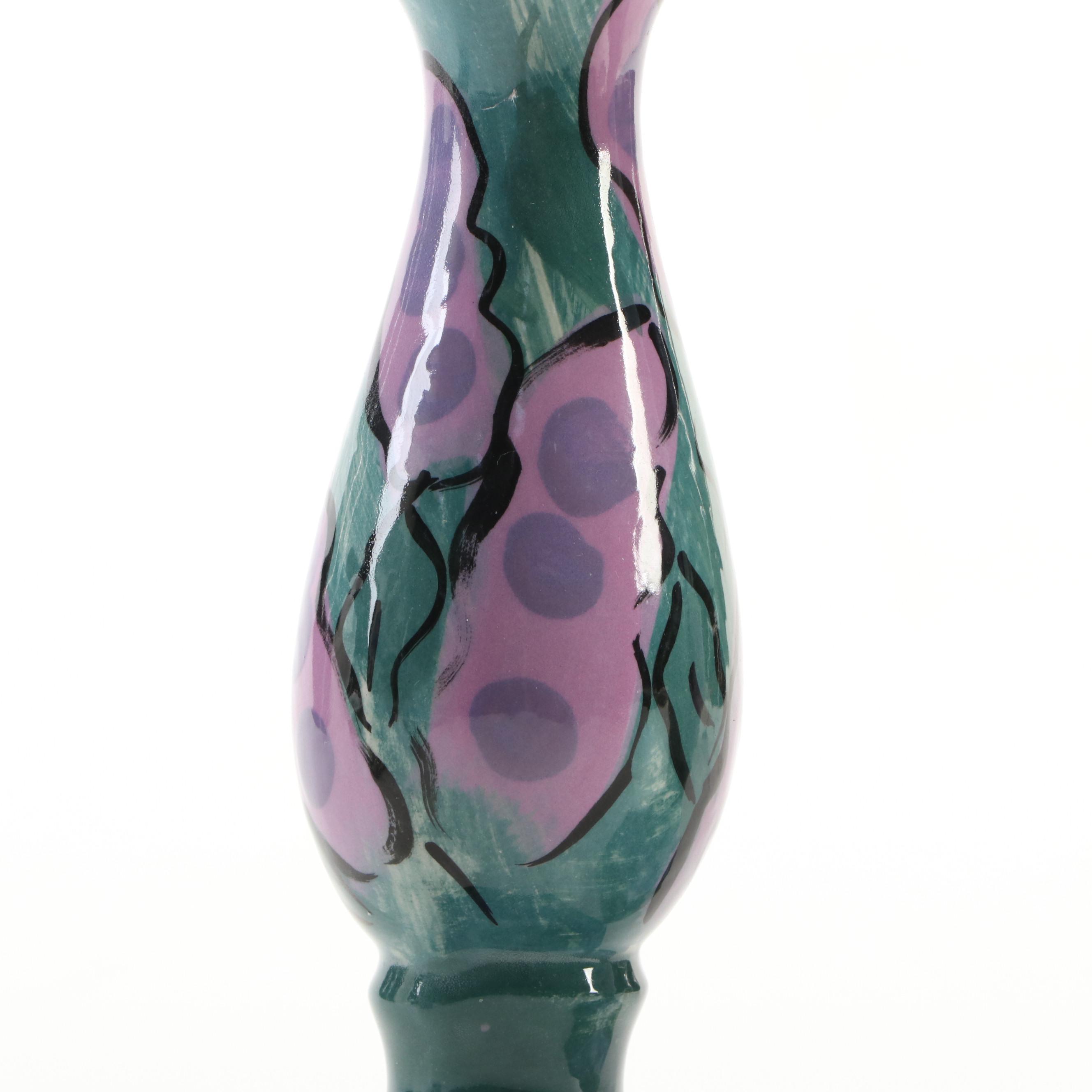 Blue Rose Motif Ceramic Vase with Other Hand-Painted Ceramic Candlesticks