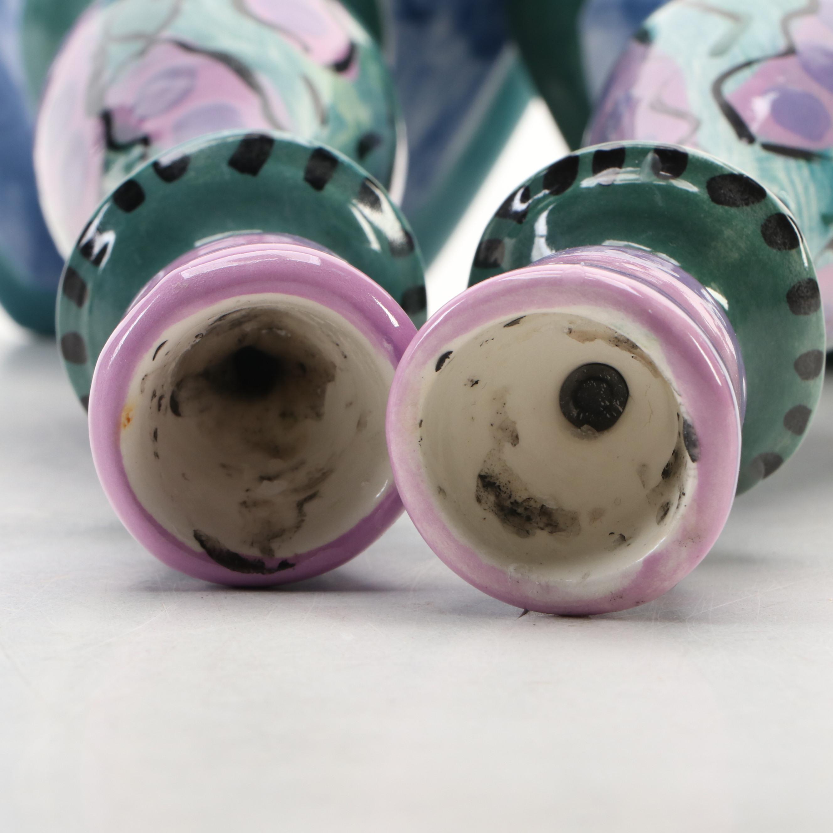 Blue Rose Motif Ceramic Vase with Other Hand-Painted Ceramic Candlesticks